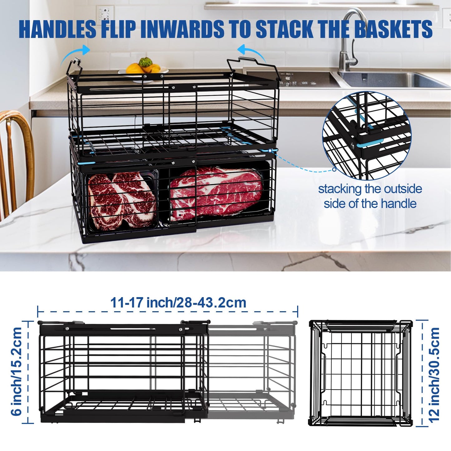 2Pcs Freezer Organizer Bins,11 to 17 inchs Large Scalable Stackable Freezer Storage Containers,Deep Freezer Organizer Bins Effectively Classify Food,Foldable Side Handles for Extra Storage Space