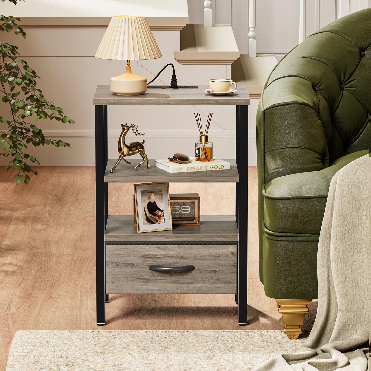 SUPERJARE Nightstand with Charging Station, Bed Side Table with Adjustable Fabric Drawer, Night Stand for Bedroom, 3-Tier Storage End Table, for Living Room, Oak