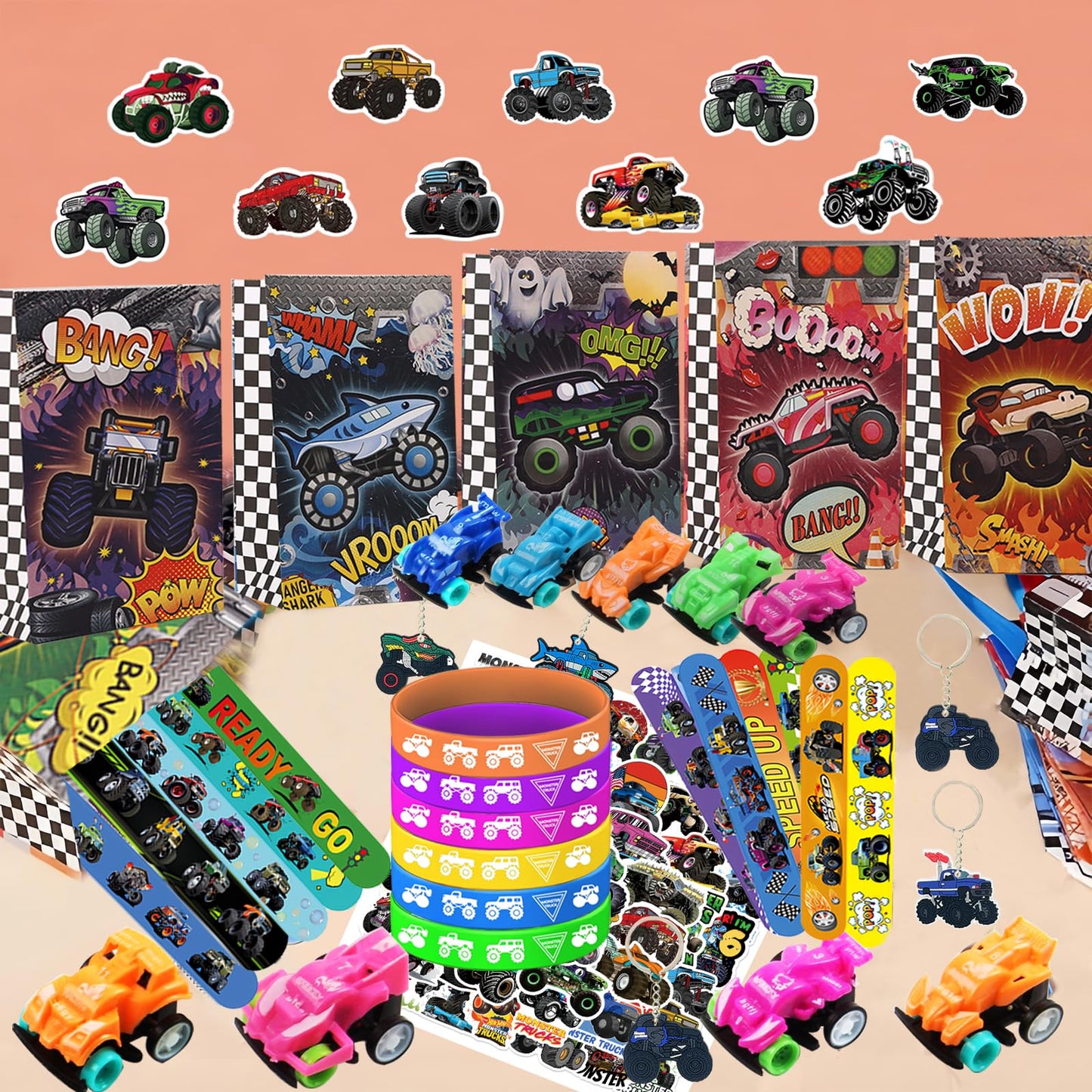 122PCS Monster Truck Party Favors Set, Jam Birthday Decorations Including Theme Slap Bracelets, Keychains, Gift Bags, DIY Stickers, Drinking Straws, People Monster Truck Birthday Supplies