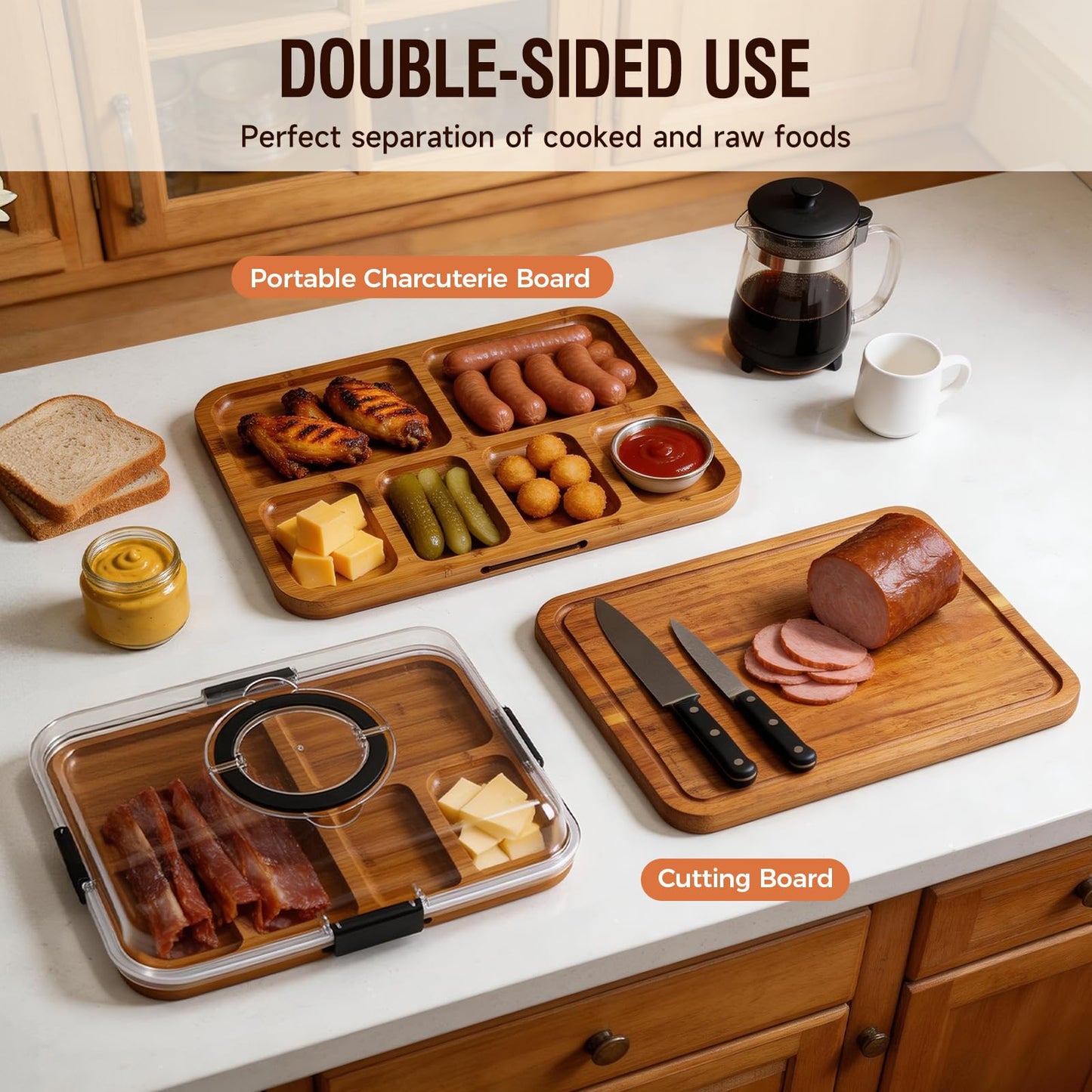 Renmxj Charcuterie Boards with Lid Gift Set, 2 in 1 Travel Portable Cheese Board with Knives Set, Carbonized Bamboo Charcuterie Tray, Housewarming Gifts New Home, Picnic, Wedding Gifts, Black Handle