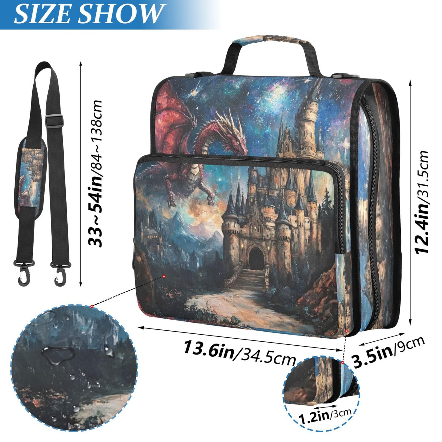 Takiito 3 Ring Zipper Binder Dragon Castle Binder Organizer Portfolio with File and Shoulder Strap & Handle Large Capacity File Folder