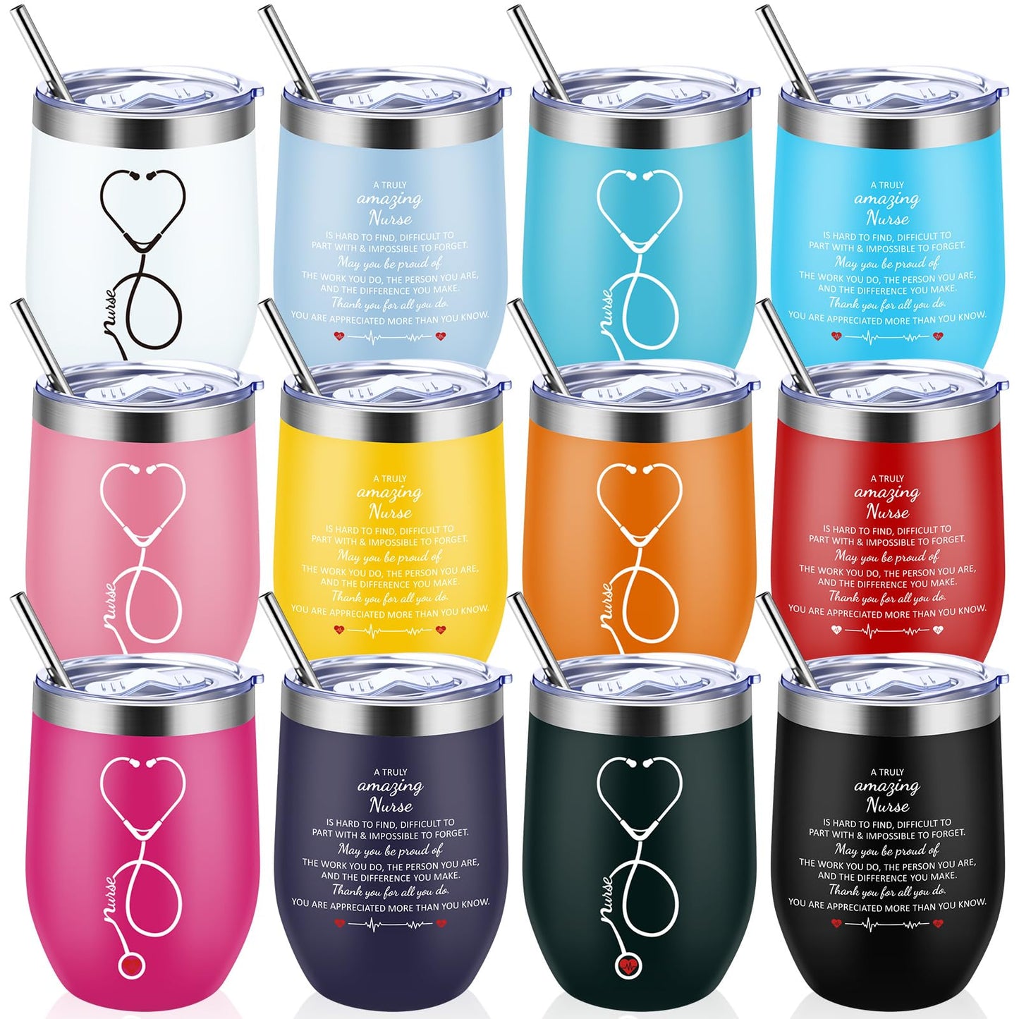 Skylety 12 Pack Nurse Gifts for Women Nursing Appreciation 12 oz Stainless Steel Wine Tumbler with Lid Insulated Coffee Mug Thank You Gift for RN Students Graduation Nurse Week School (12 Colors)
