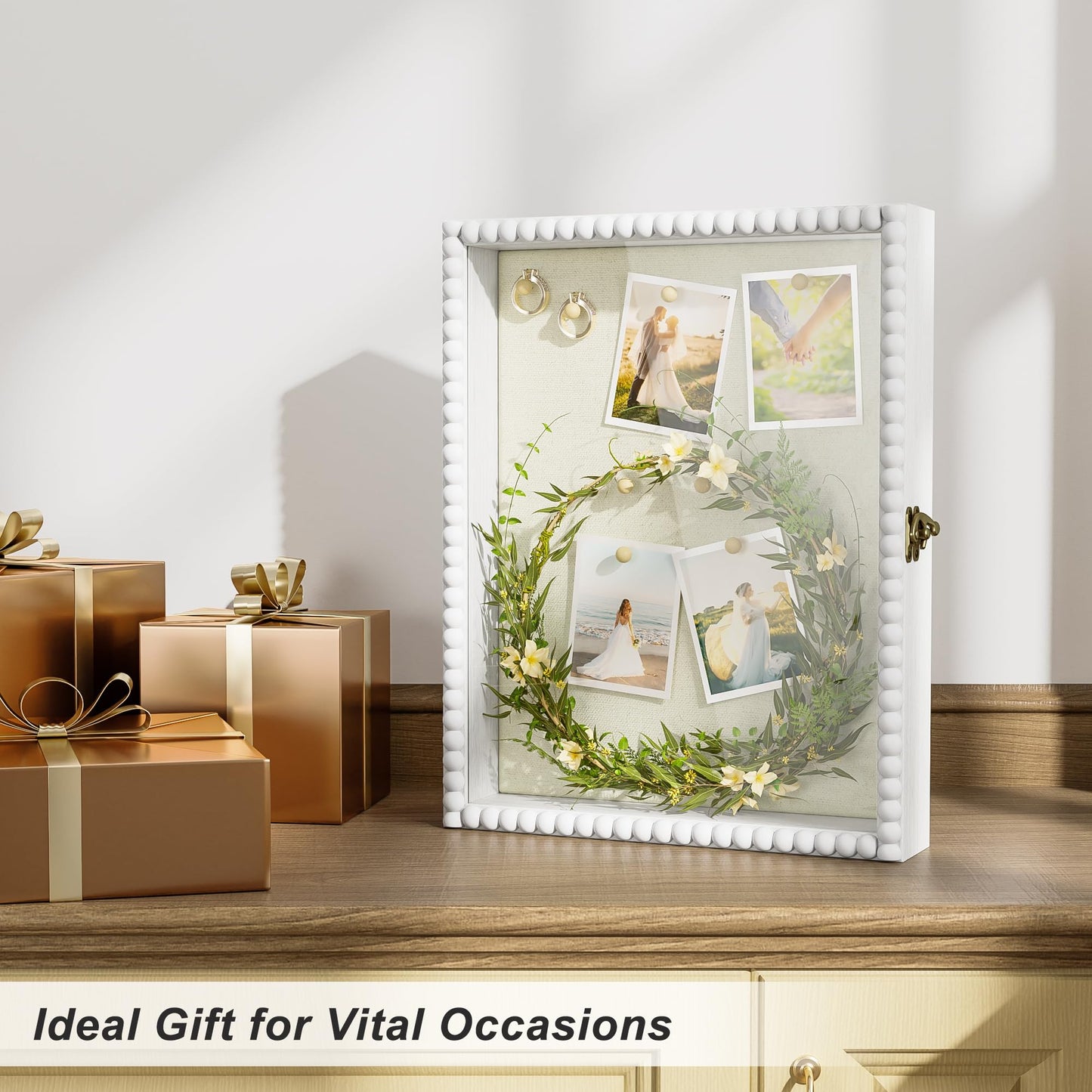 Love-KANKEI Shadow Box Frame 11x14, Deep Large Shadow Box Display Case with Unique Beads Door and Glass Window, Wood Memory Box for Pictures,Medals,Memorabilia,Collections White