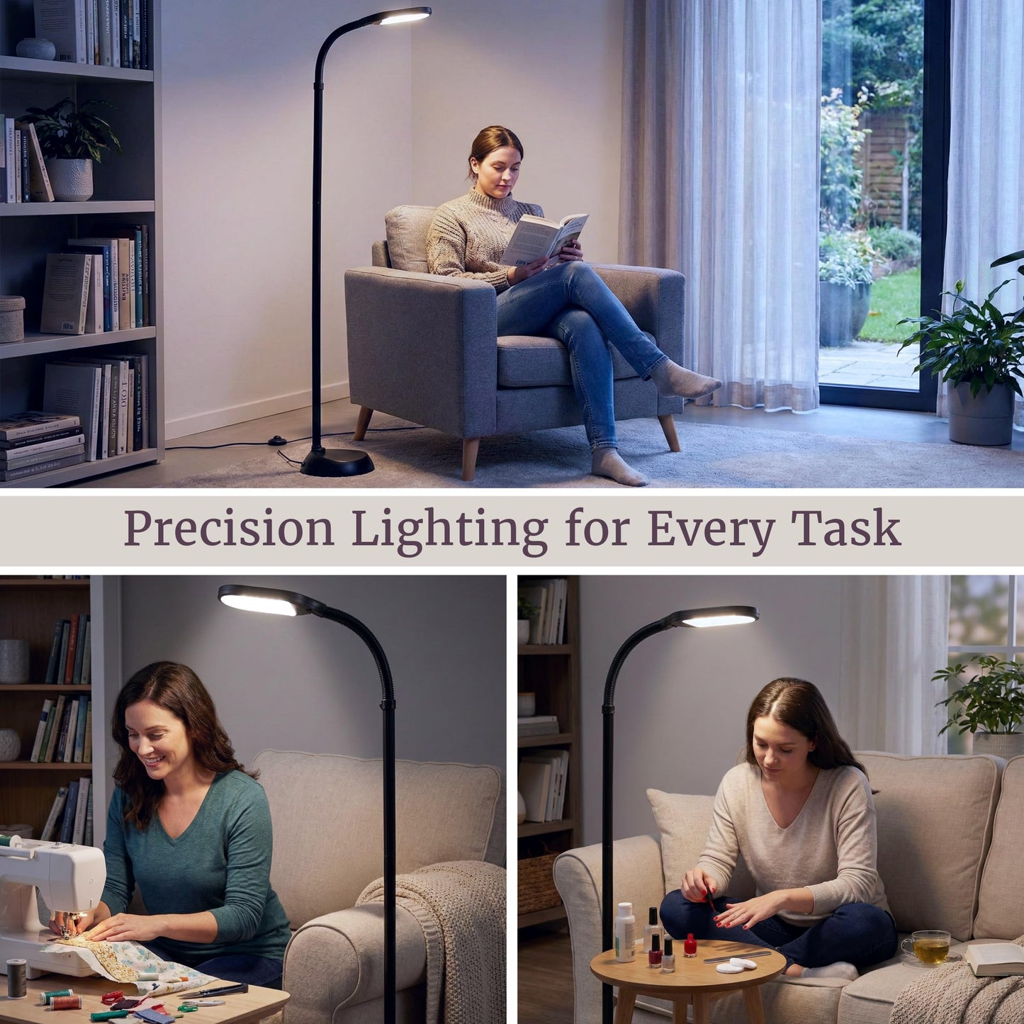 Lavish Home Adjustable LED Floor Lamp with Bendable Neck - Full Spectrum Natural Sunlight LED Lamp for Bedroom and Living Room - Reading, Craft, and Esthetician Light (Black)