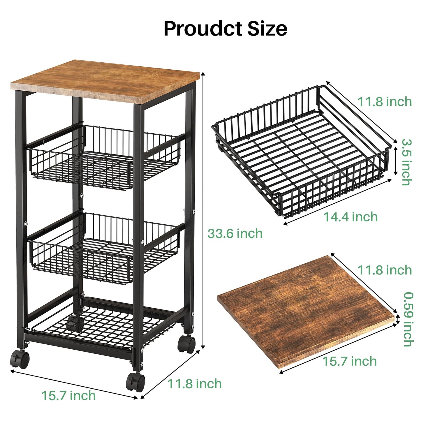 SNTD Fruit Basket Vegetable Stand for Kitchen Pantry, Pull Out Metal Wire Basket with Wood Top for Fruit Vegetable Onions Potatoes Snacks