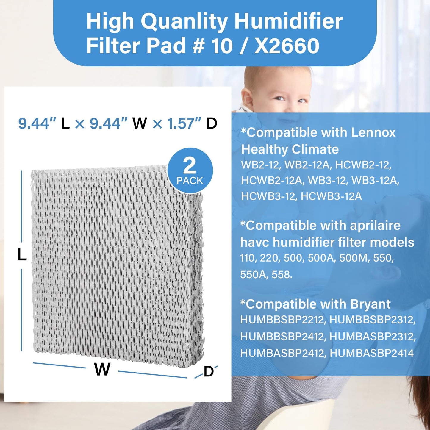 10 X2660 Water Panel Humidifier Filter Pad Compatible with Lennox Healthy Climate WB2-12 WB2-12A HCWB2-12 HCWB2-12A WB3-12 WB3-12A HCWB3-12 HCWB3-12A Humidifiers - 2 Pack