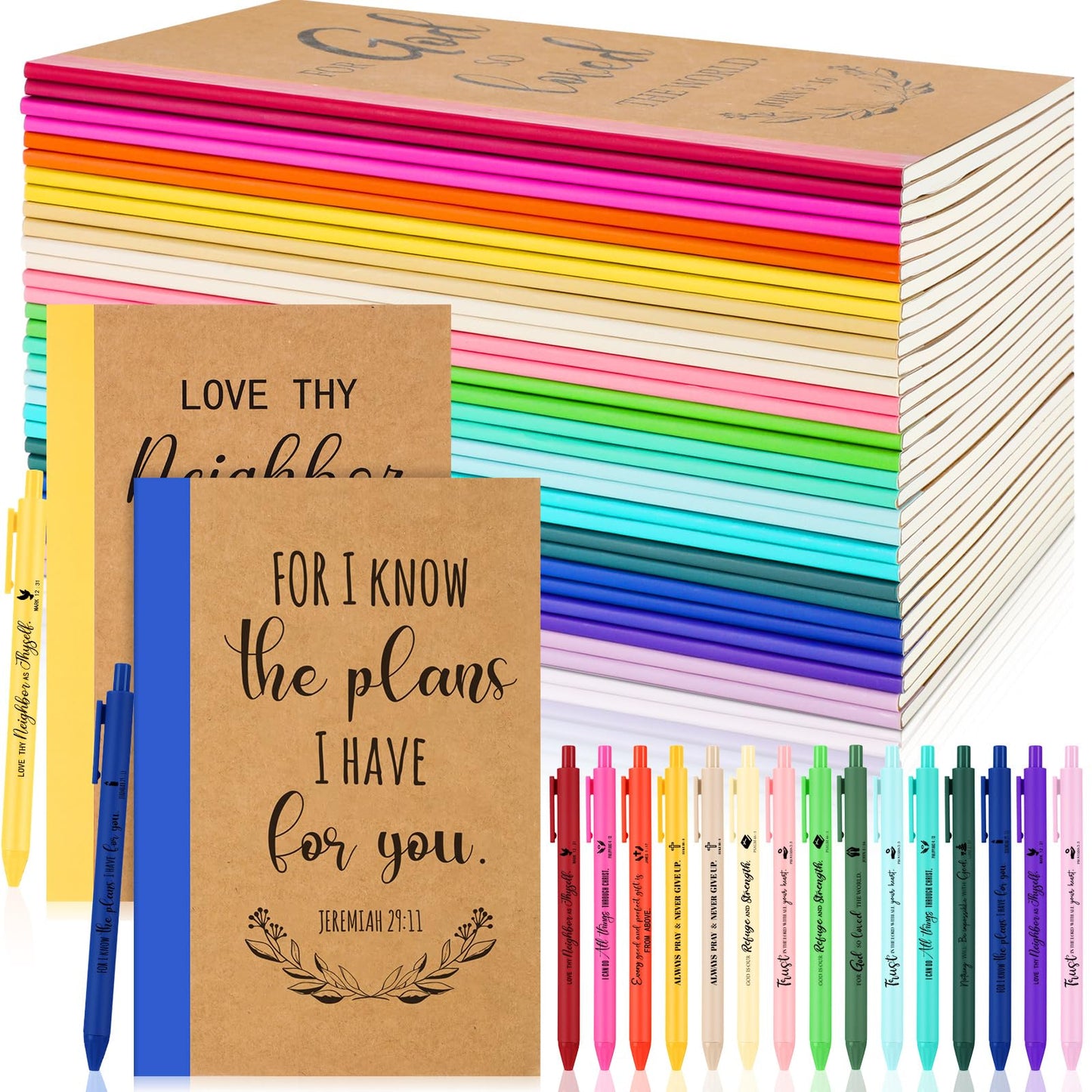 Resurhang 30 Set Christian Notebook and Pen Gift Set Bulk A5 Composition Journal Bible Verse Pen Religious Lined Notepad Scripture Notepad for Teacher, Church, Nurse, Graduation (Rainbow)