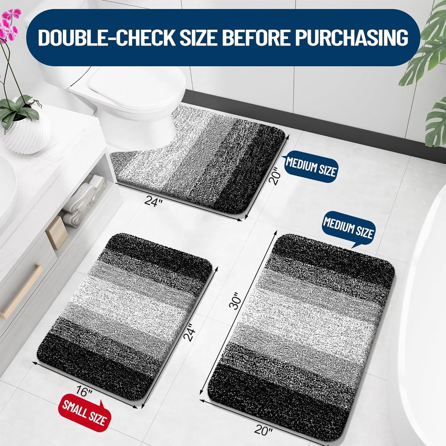 OLANLY Bathroom Rugs Sets 3 Piece, Soft Absorbent Microfiber Bath Mats and U-Shaped Contour Toilet Rug, Plush Shaggy Bath Mat Set for Bathroom (30"x20"+24"x16"+24"x20", Black)