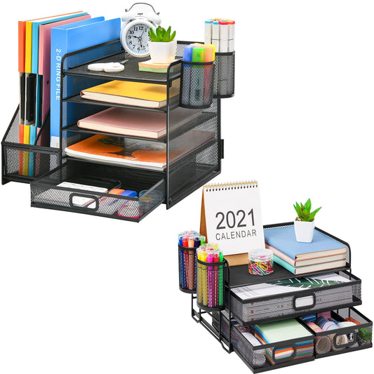 Marbrasse Desk Organizer with File Holder + 3 Tier Mesh Desk Organizer with 3 Drawers