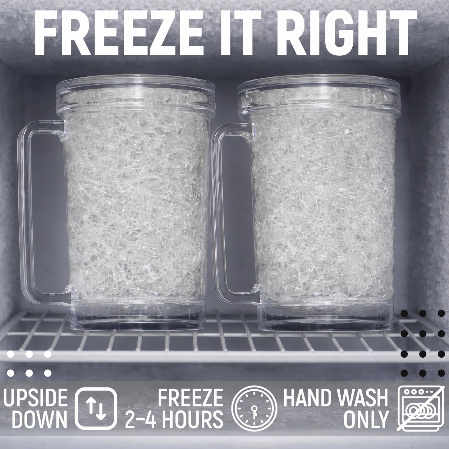 Granatan Freezer Beer Mugs Set of 4, 16 oz Double Wall Gel Mugs for Freezer, Acrylic Plastic Beer Stein with Handle, Ice Cold Glasses for Men, BBQ, & Pool Parties (Clear)