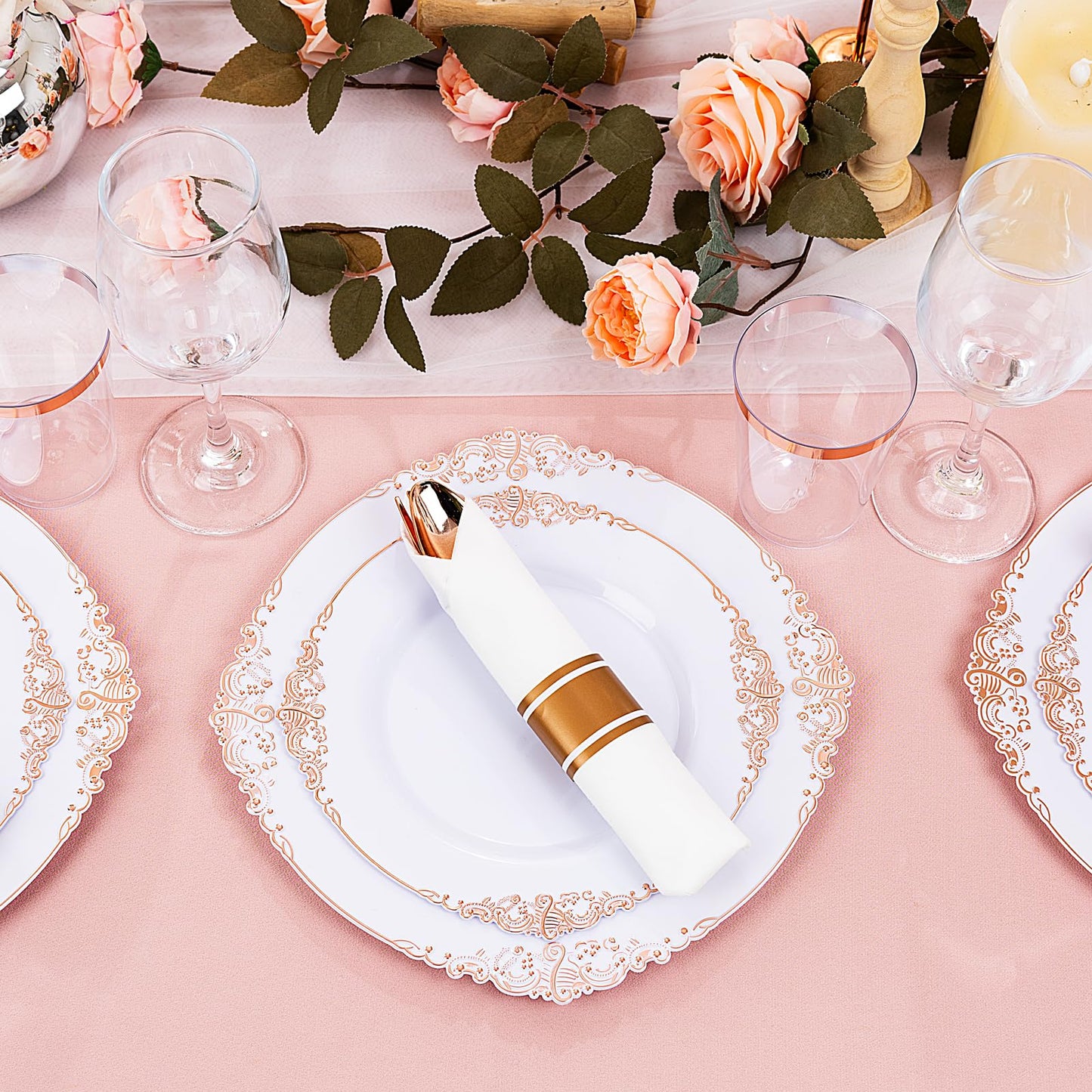 Hioasis 350pcs Rose Gold Plastic Plates - Elegant Disposable Dinnerware Set Suitable for 50 Guests Include 10.25" Dinner & 7.5" Dessert Plates, Pre Rolled Silverware Set, Cups for Party & Thanksgiving