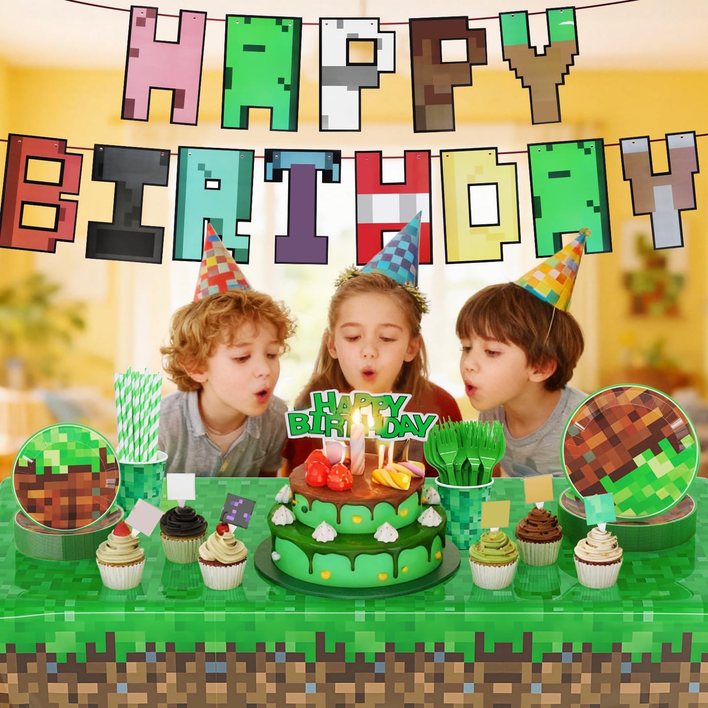 183Pcs Pixel Birthday Party Decorations, Pixel Game Theme Party Supplies Kit, Including Banner, Tablecloth,Hanging Swirls, Plates, Napkins, Cups, Forks, Cake Toppers, Drinking Straws, Serves 24 Guests