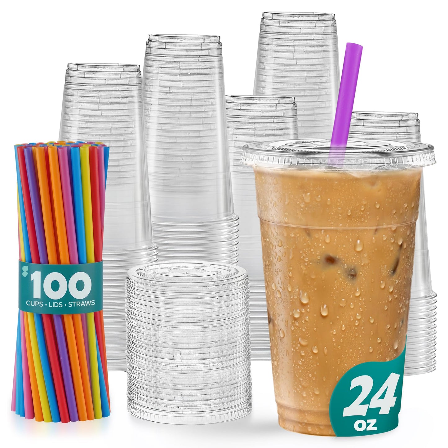 GUSTO [24 oz. - 100 Count Clear Cups with Flat Lids & Straws - Disposable Clear Drinking Cups for Iced Coffee, Cold Drinks, Milkshakes, and Smoothies - Formerly Comfy Package