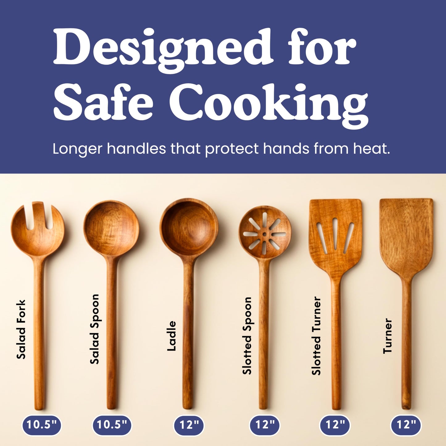 Non-Toxic Cooking Utensils – 6-Piece Kitchen Utensils Set, Glue-Free & One-Piece Wooden Spoons for Cooking, Natural Wooden Utensil Set with Plant-Based Finish, Free of Forever Chemicals