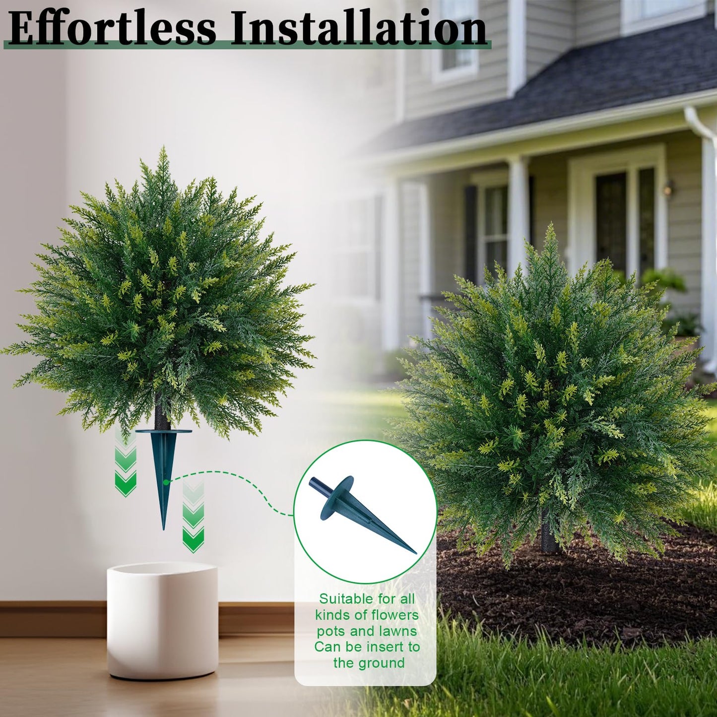 EverNature 2 Pack Artificial Cedar Topiary Trees with Ground Spike, Fake Pine Shrubs Bushes, UV Resistant Faux Evergreen Cypress Tree Plants for Indoor Outdoor Planters Front Porch