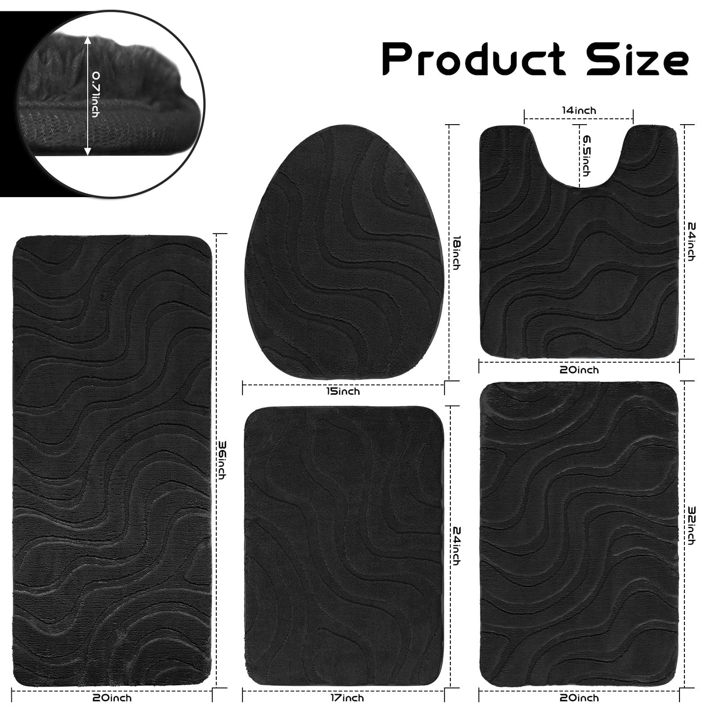 Aqzuxira Bathroom Rug Sets 5 Piece, Ultra Soft Absorbent Non-Slip Plush Bath Mats, Includes Toilet Cover, Bath Runner and U-Shaped Contour Toilet Rug, Machine Washable, Black