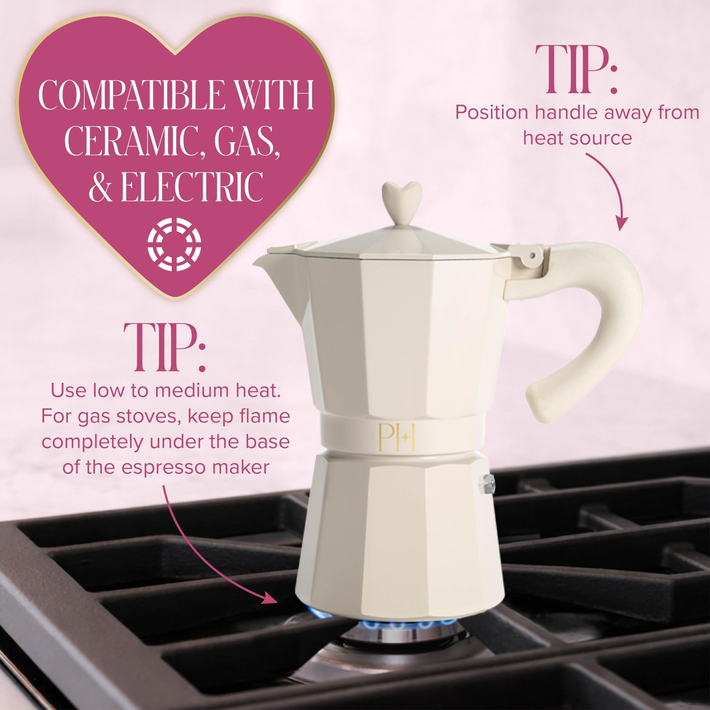 Paris Hilton Stovetop Espresso and Coffee Maker, Italian & Cuban Style Coffee Pot with Iconic Heart Knob, Perfect for Rich Aromatic Espresso, Makes up to 6 Espresso Cups, Cream