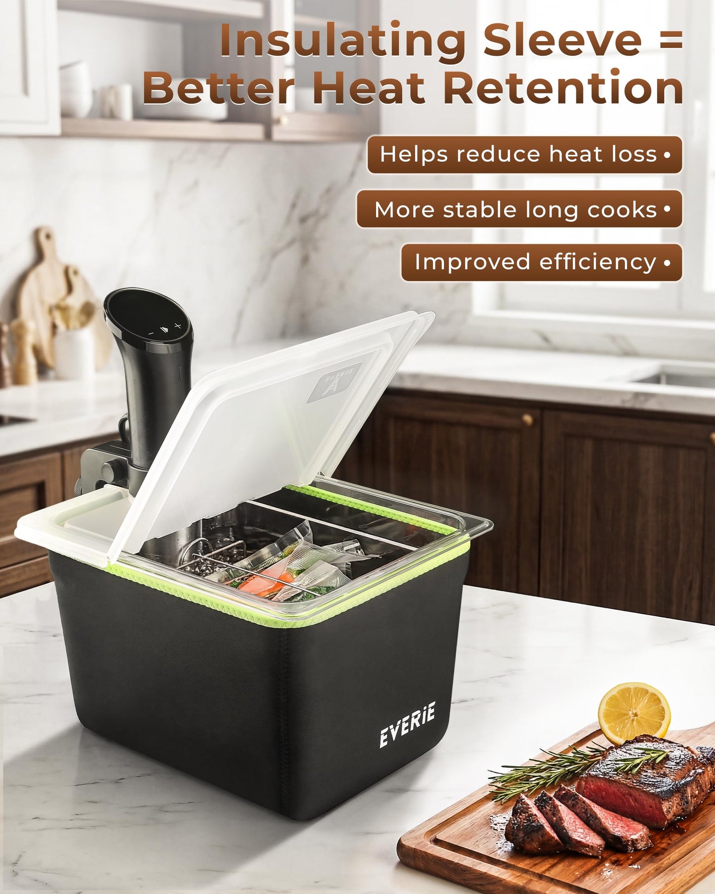 EVERIE 12 Quart Sous Vide Container with Collapsible Hinged Lid + Wobble-Free Stainless Steel Rack Divider + Insulating Neoprene Sleeve — NSF Approved Container, BPA-Free Lid, Fits Anova & Instant Pot