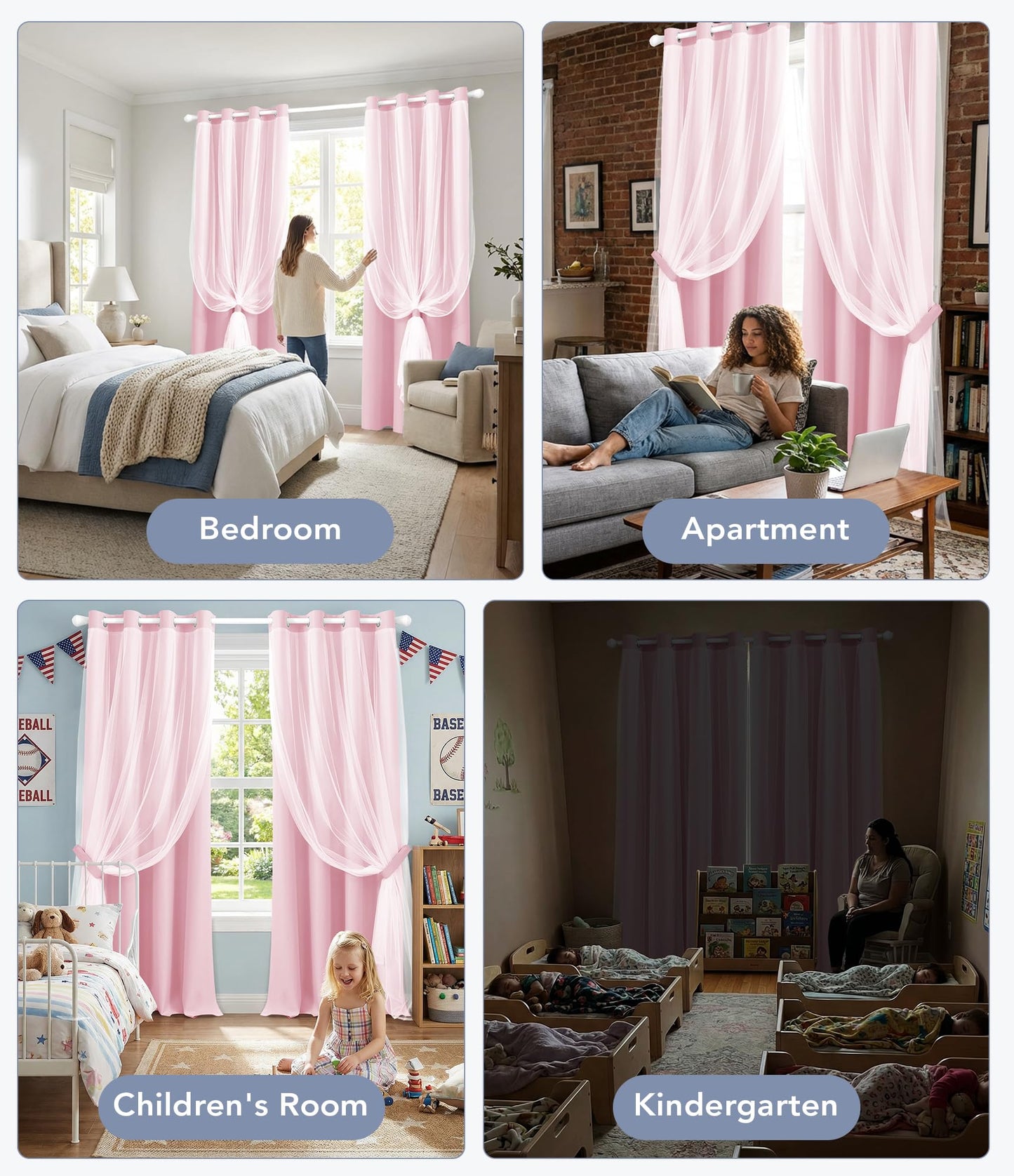 TopNaps 100% Blackout Curtains with Sheer Overlay, 2 Panels Thermal Insulated Double Layer Grommet Drapes for Girls Bedroom Living Room Darkening Apartment Windows Decor, 52" W x 84" L, Pink
