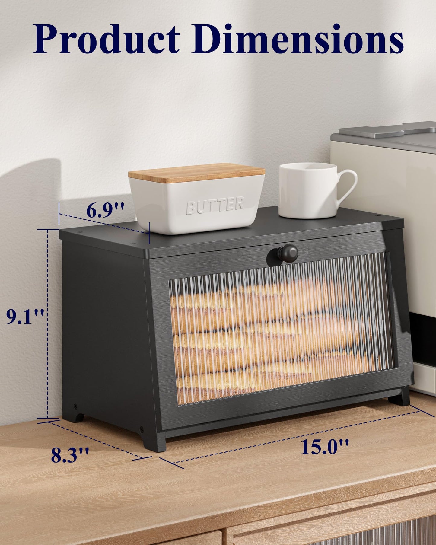 Kitsure Bread Box - Wooden Bread Box for Kitchen Countertop, Large Capacity Kitchen Countertop Organizer, Stylish Bread Storage with Window, Multi-functional Container, Black, 1-Tier
