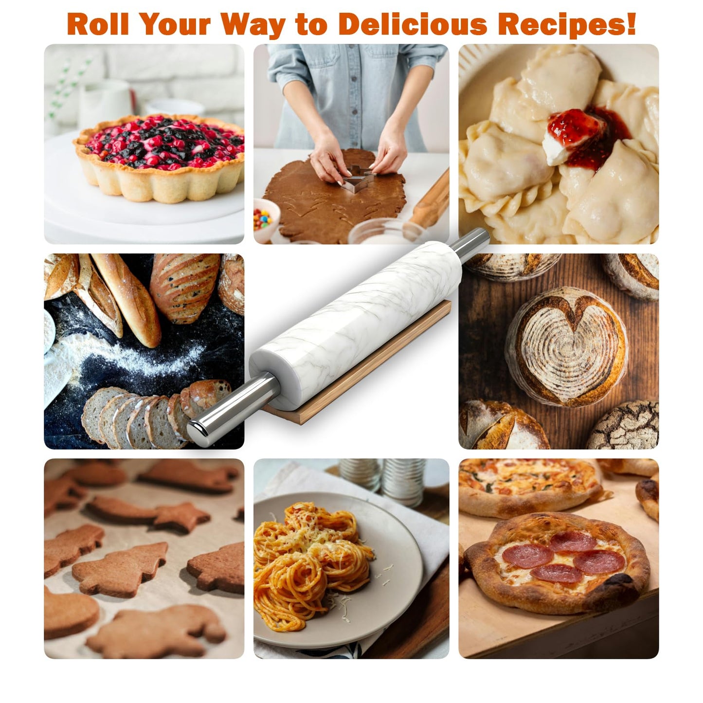 White Marble Rolling Pin with Stainless Steel Handles Baking Set - Silicone Baking Mat, Stainless Steel Dough Cutter, 3 Multicolor Thickness Guides & Wooden Base, Ideal for Pastry, Dough & Pizza