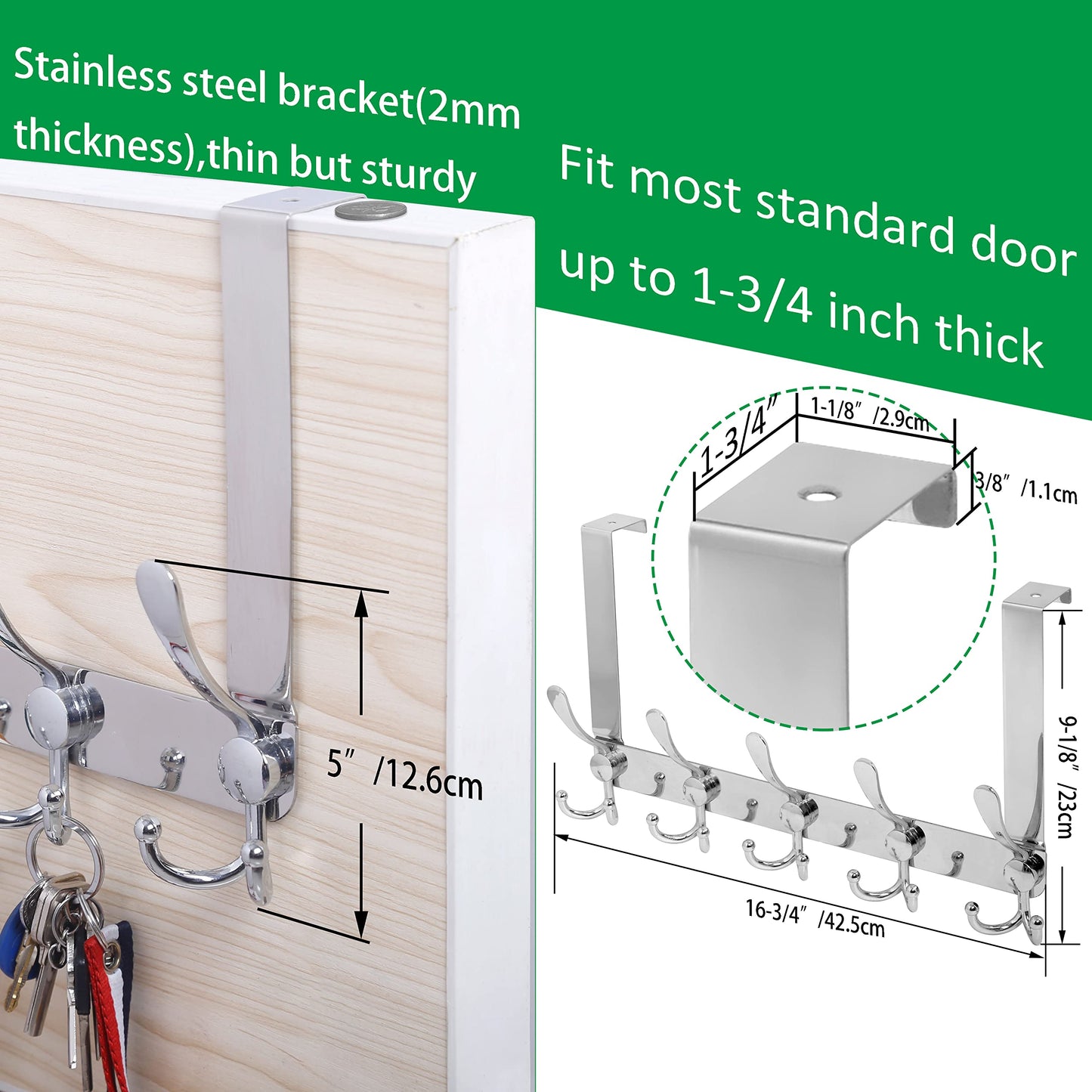WEBI Over The Door Hook Door Hanger Hook Rack with 5 Tri Hooks for Hanging Coats, Over Door Towel Rack Door Coat Towel Hanger Over Door Coat Rack,Silver,2 Packs