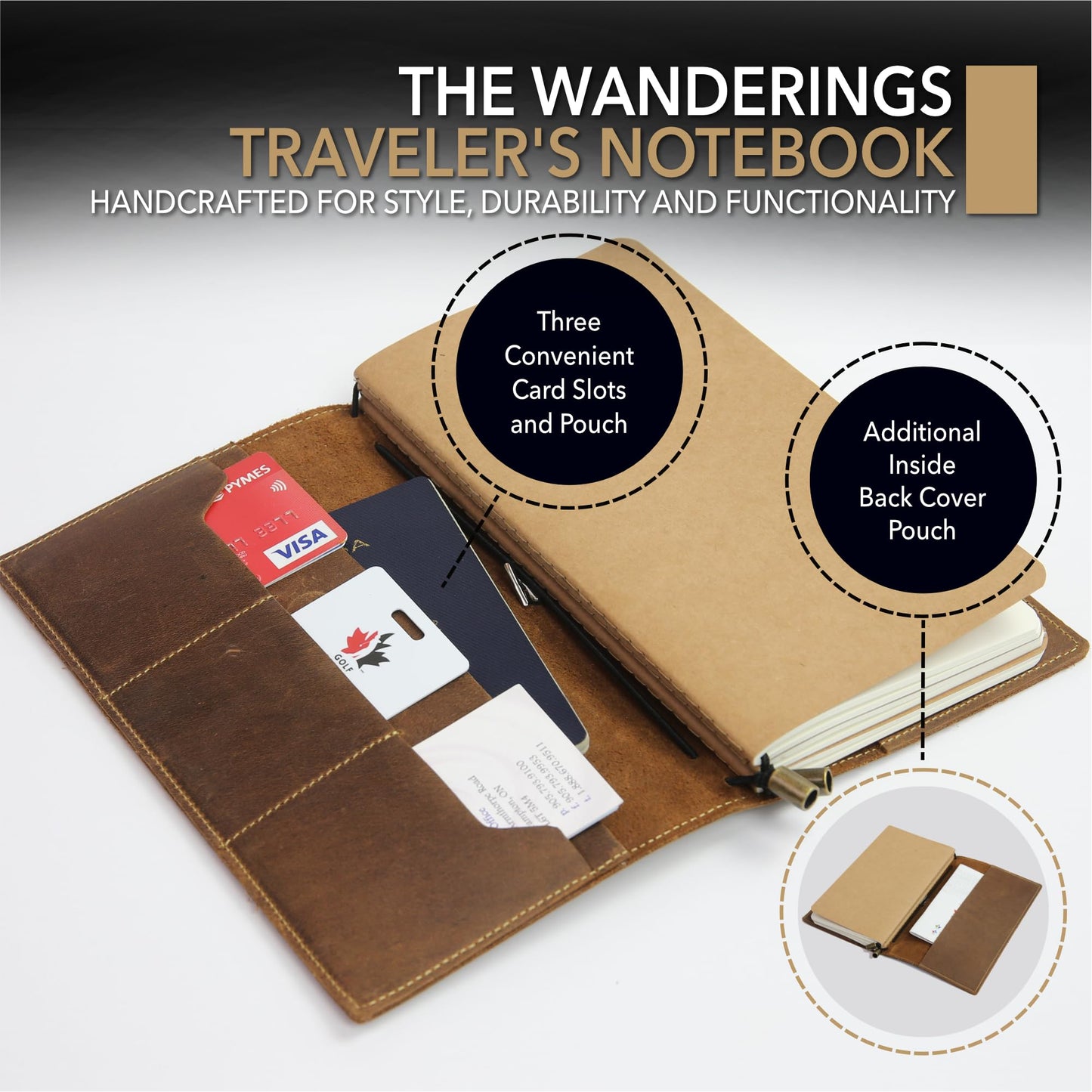 WANDERINGS Regular Size Travelers Notebook with Pockets - 4.5" x 8.5" (11.5 x 22cm) - Refillable Travelers Journal -Leather Journal, Includes 100 GSM Blank Inserts