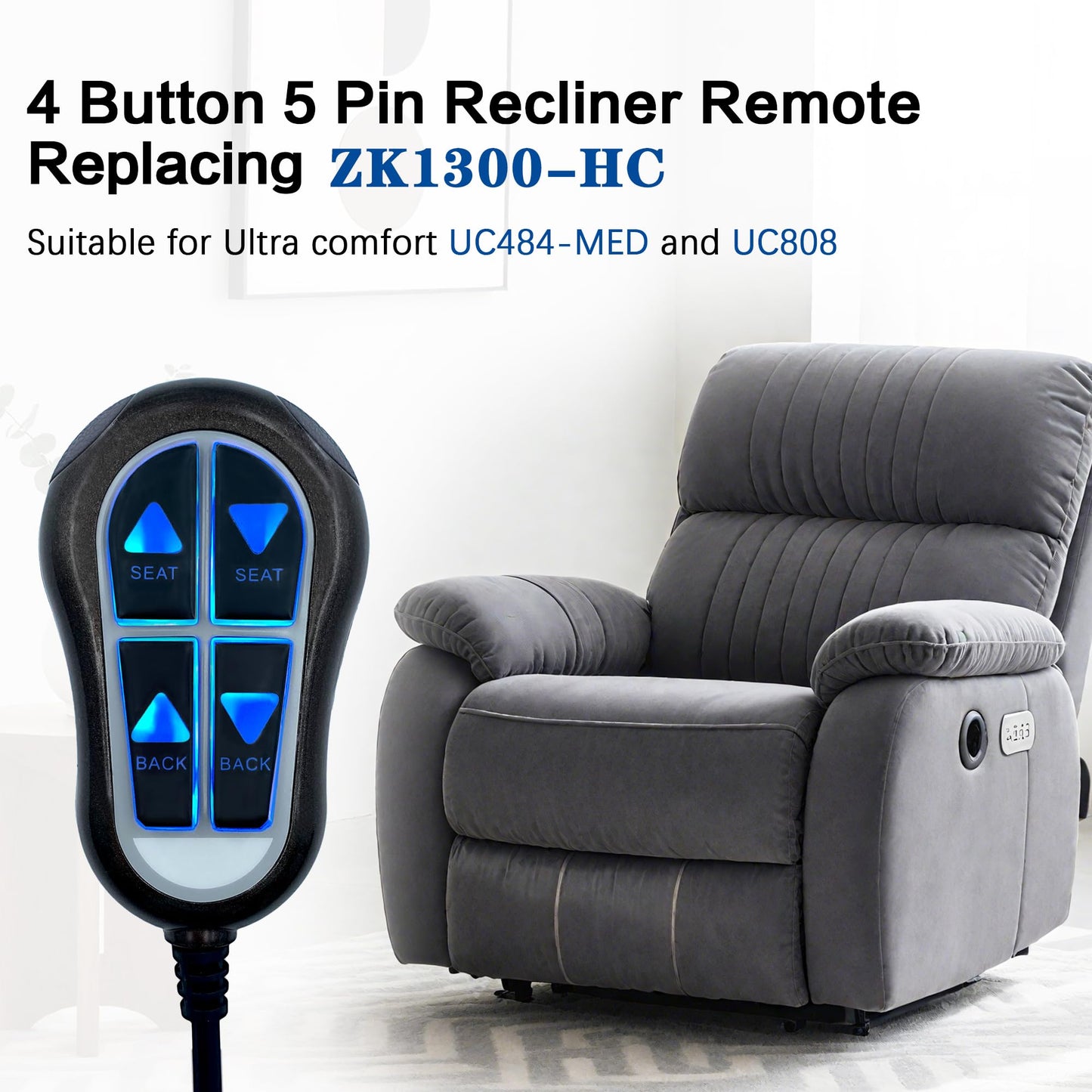 4 Button 5 Pin Remote Hand Control ZK1300-HC Replacement for Power Recliner Lift Chairs with Backlight