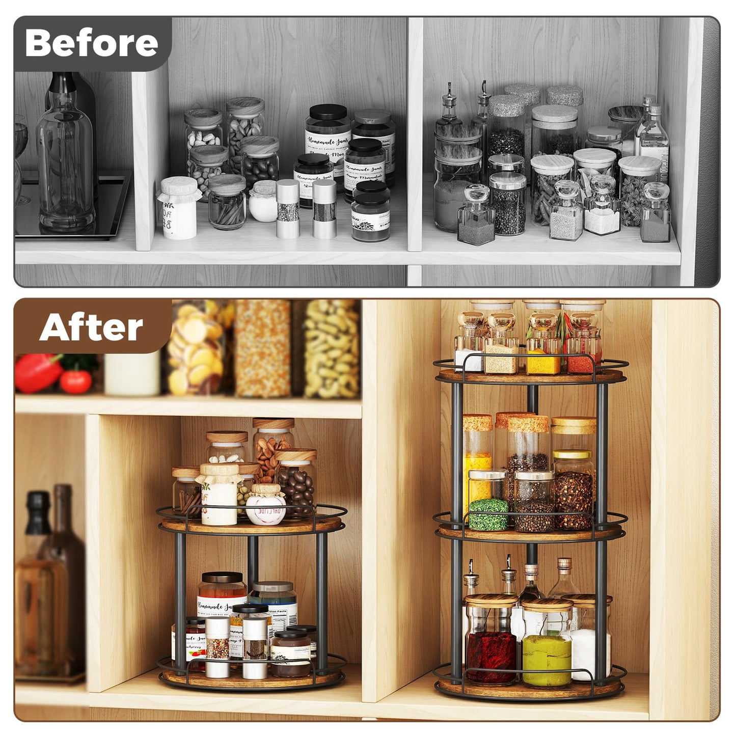 LAMU 10'' Wood Lazy Susan Turntable Organizer for Cabinet, 2 Tier Lazy Susan Spice Rack Organizer for Kitchen, Table Top, Countertop, Pantry, Medicine Organizer