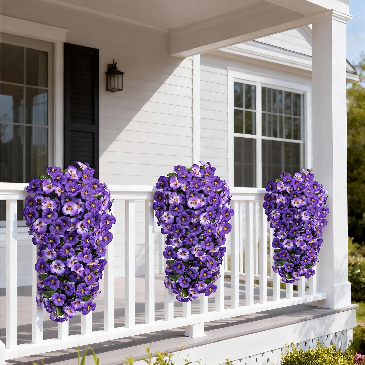 HyeFlora 4pcs Artificial Flowers for Outdoors Fake Pansy with Hanging Basket UV Resistant Silk Spring Faux Flowers for Outside Front Door Porch Yard (Mix Purple)