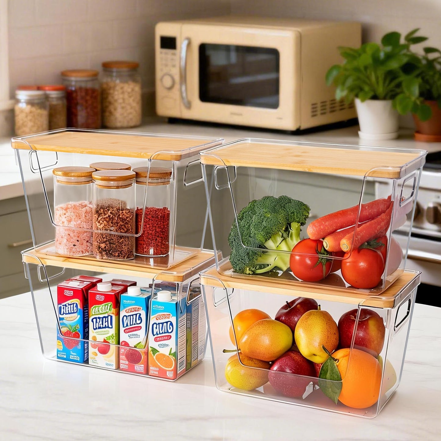 Criusia 4 Set Pantry Organizers and Storage with Bamboo Lids, Stackable Clear Bins for Onion, Potato, Fruit, Vegetables, Trash Bag Dispenser, Kitchen and Under Sink Organizer