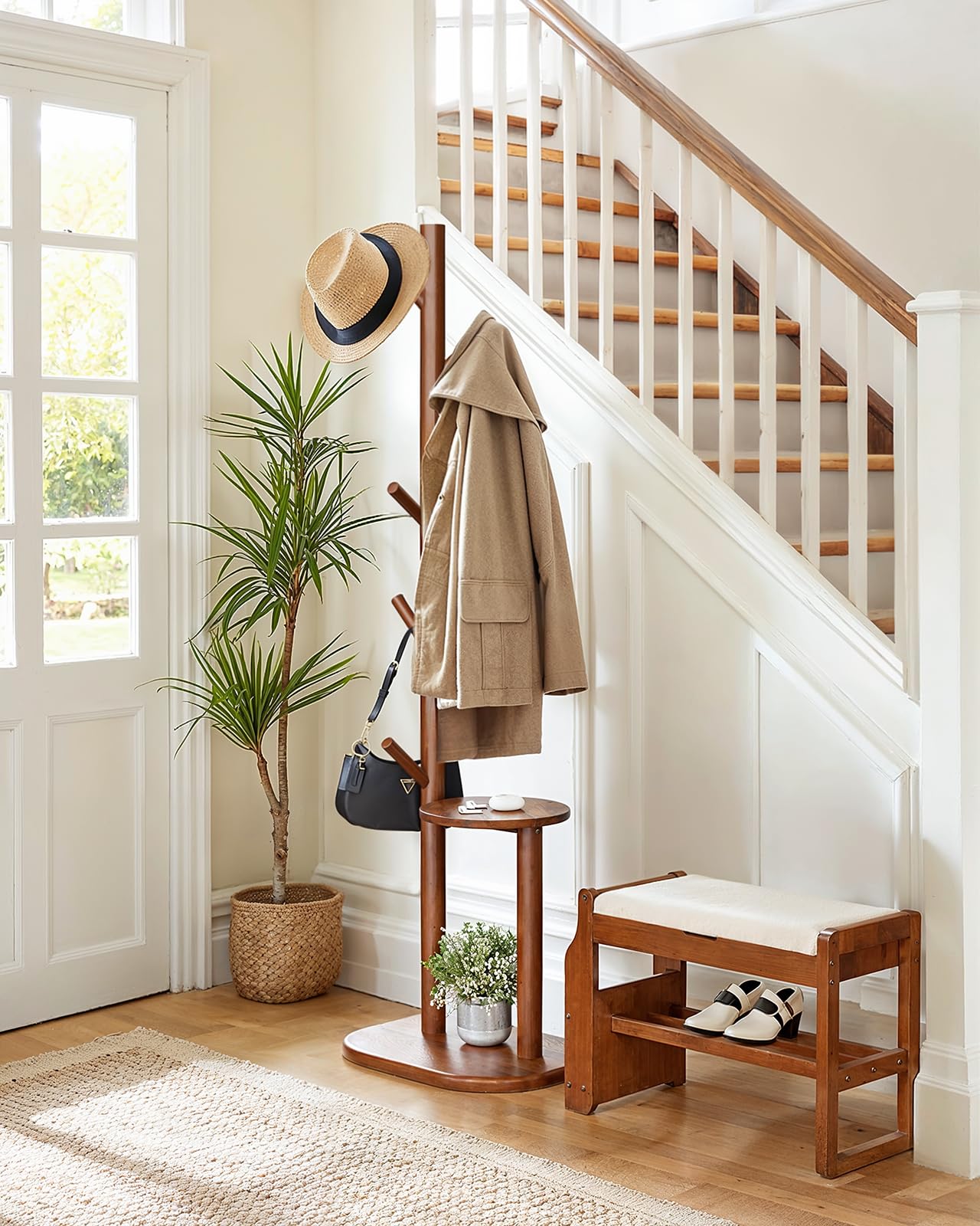 Pipishell Coat Rack, Freestanding Hall Tree with 8 Hooks & Storage Shelf, Solid Wood Base, 66.3″ Tall Coat Rack Stand for Coats, Hats, Bag in Entryway, Bedroom, Living Room, Brown, PIFCR11BN