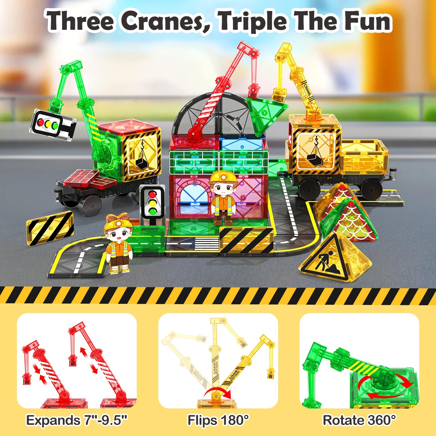 100 PCS Magnetic Tiles Road Set with 3 Cranes & 2 Cars - Magnetic Blocks City Construction Building Toys for 3+ Year Old Boys Girls Ideal Preschool Learning Outdoor Creative Toddler Kids Toys