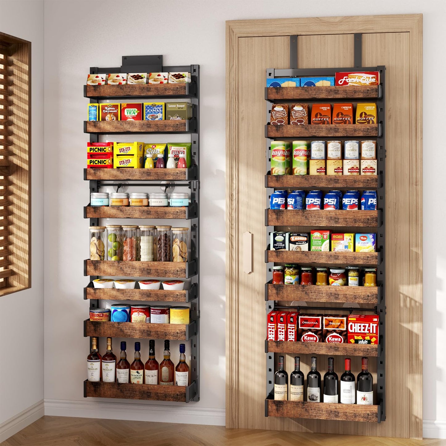 8-Tier Over The Door Pantry Organizer, Heavy-Duty Metal Wall Mount or Hanging Spice Rack, behind the door storage Shelves with Adjustable Basket, Back of Door Organizer for Kitchen Cabinet and Closet