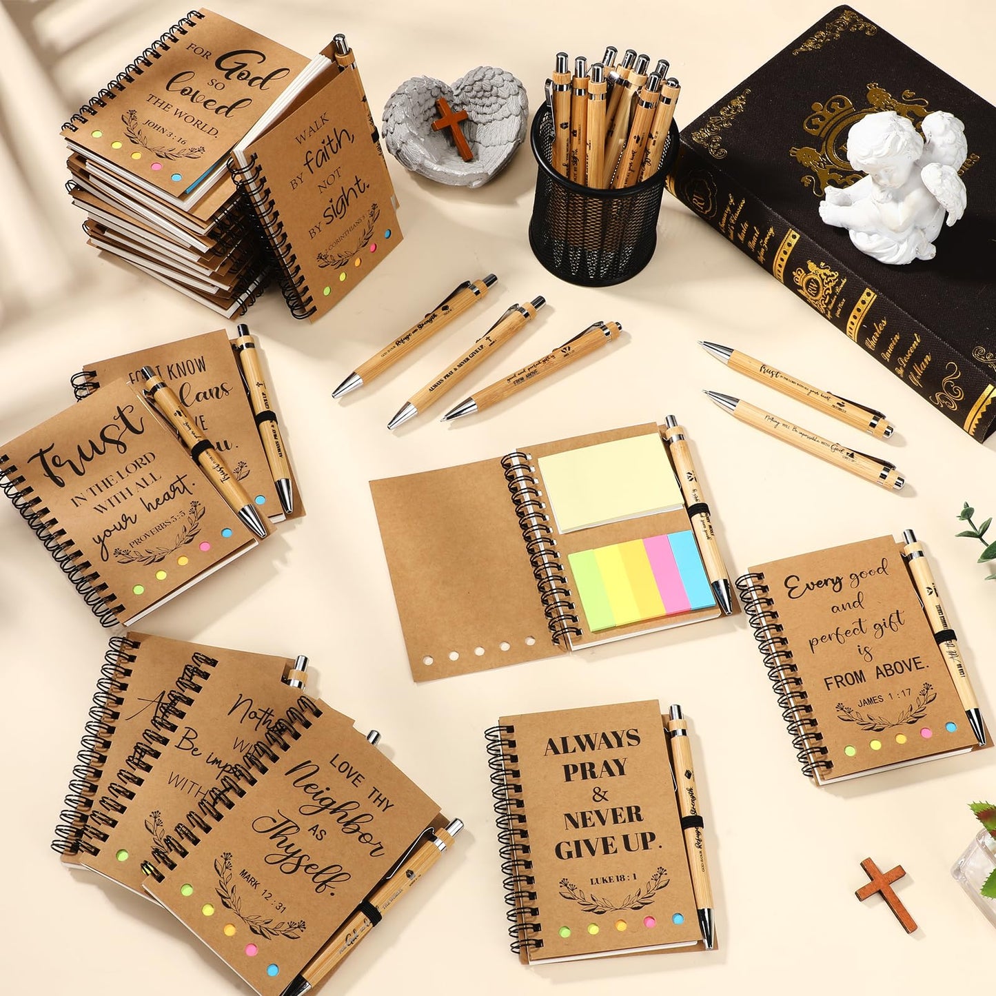 Spakon 60 Pcs/ 30 Set Mother's Day Christian Gifts Bulk Christian Bible Journals & Sticky Notes Gift Set with Pens for Father's Day Church, Pastor, Employee Appreciation, Christmas & VBS(Kraft)