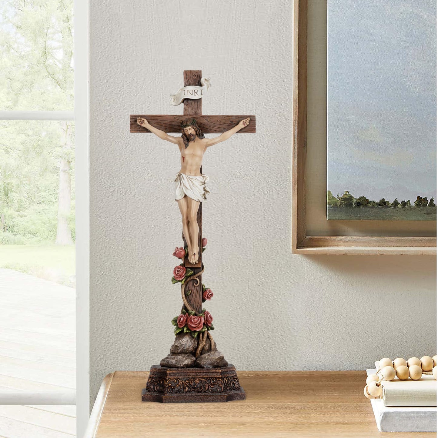 Grace4Joy Standing Crucifix, 14.5 Inches Jesus Christ Standing Cross With Rose-Decorated Base, Hand Painted Crucifix Stand for Catholic Home Table Altar Decor