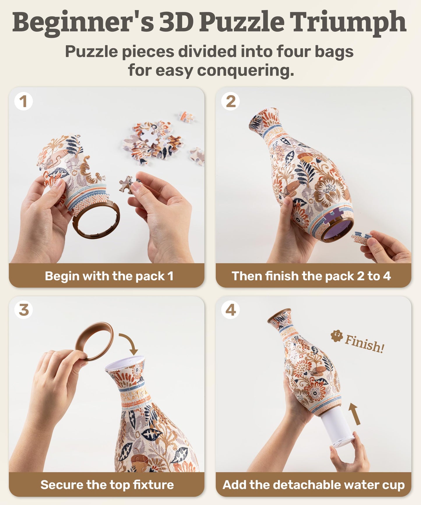 PieceRelax 3D Puzzle Vase for Adults to Flower Arrangement and Home Decoration Made By 160 Curved Plastic Puzzle Pieces - Winter Grace, for Mom [S1043]