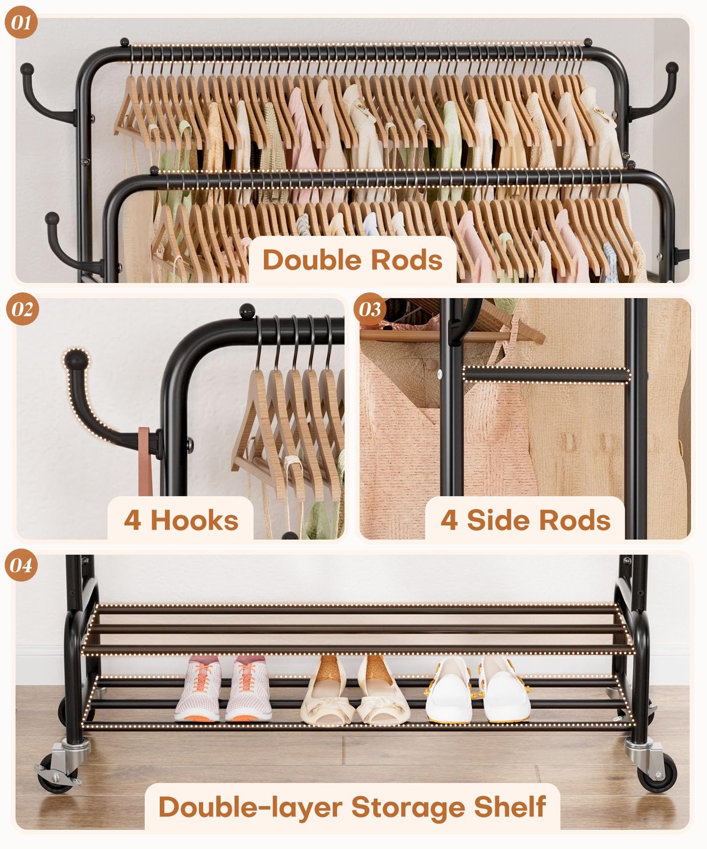 Homde Heavy Duty Clothes Rack: 265lb Rolling Double Rod Garment Hanging - Metal Coat Organizer Storage Display Shelf on Wheels for Bedroom Laundry