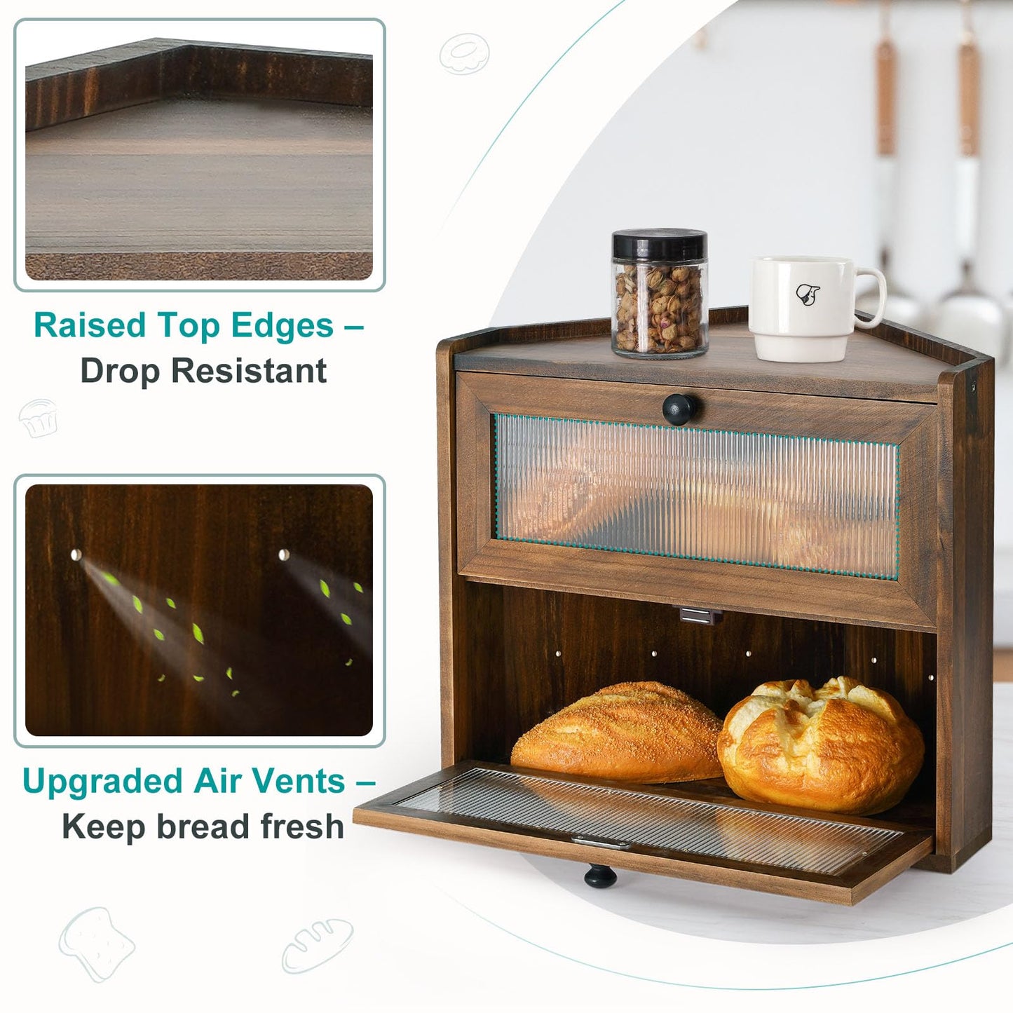 Sunhoo Bread Box for Kitchen Countertop Corner Large Wooden Bread Bin 2 Tier Rustic Food Storage Container with Acrylic Window Farmhouse Keeper Shelf Organizer for Loaves Pastries & Snacks (Brown)