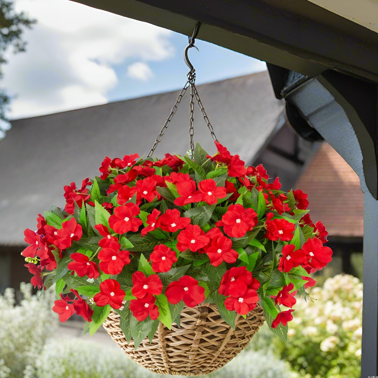 Daynight 8 Pcs Artificial Impatiens Flowers for Outdoor Flowers UV Resistant Faux Red Flowers Impatiens Bushes Silk Artificial Flowers Bouquet for Patio Garden Porch Decor. (8, Red)