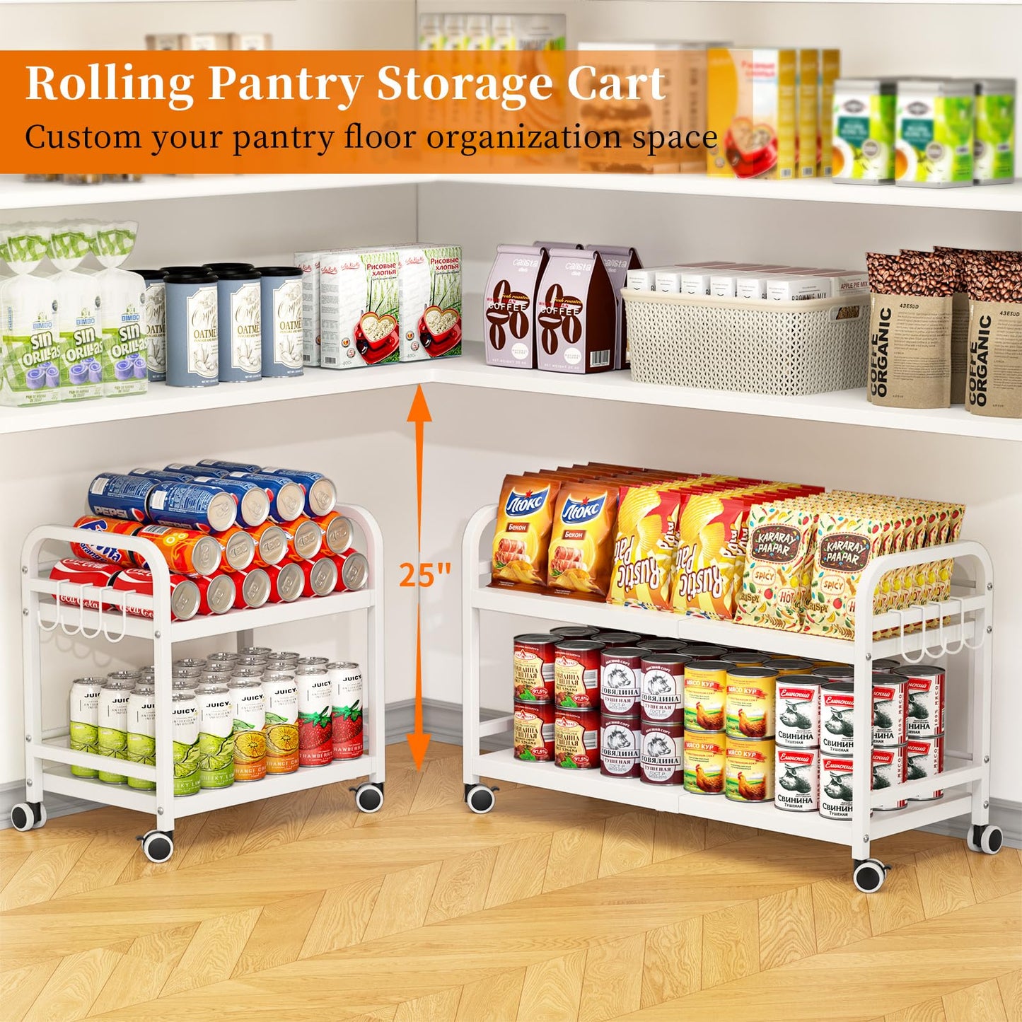 DAOUTIME 2-Tier Expandable Rolling Cart, Pantry Storage Cart with Wheels, Adjustable Rolling Pantry Floor Organizer, Metal Under Desk Cart, Sturdy Can Storage & Snack Organizer for Kitchen Pantry