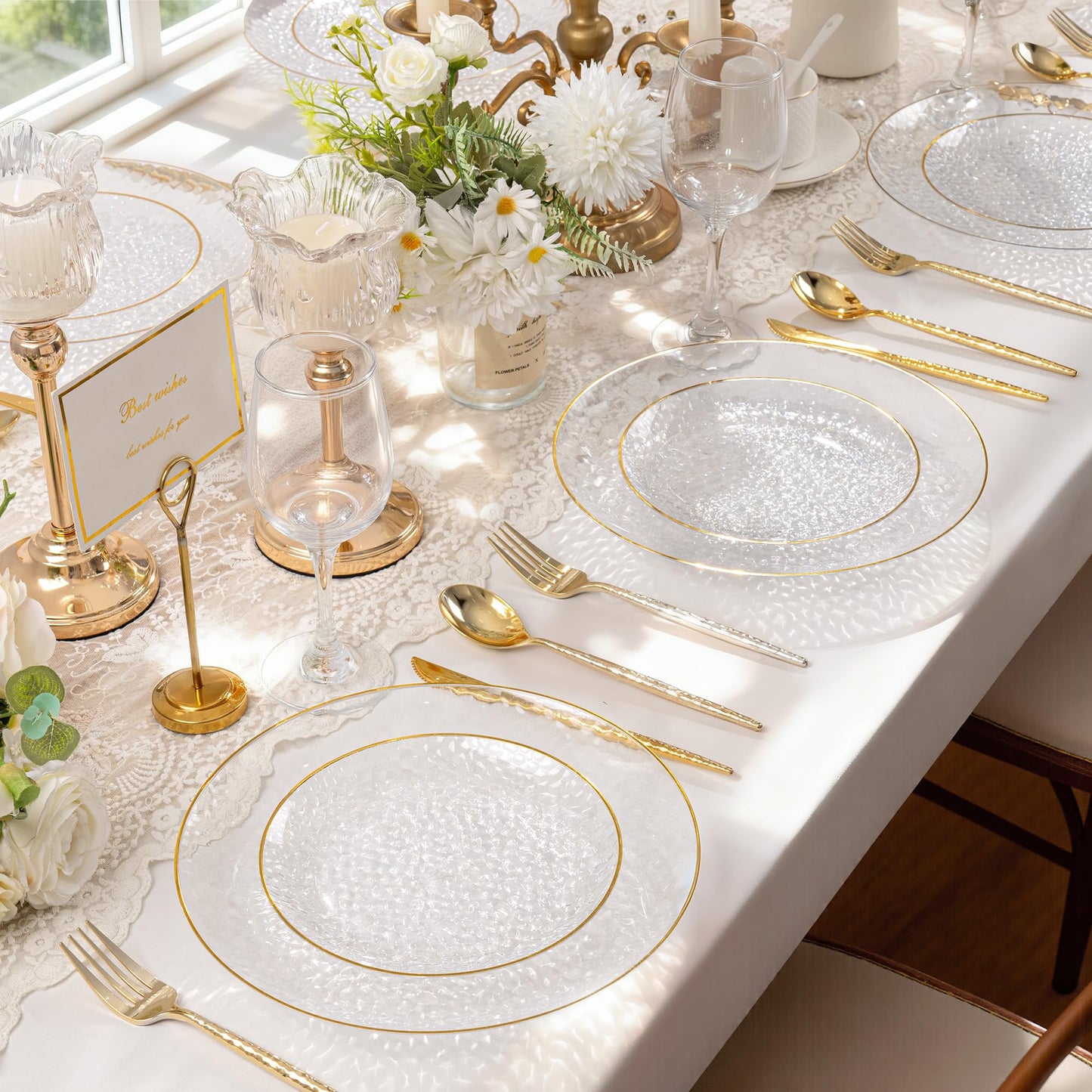 I00000 150Pcs Clear Plastic Plates with Gold Rim,Clear Disposable Plates with silverware,Gold hammer patterned plates Set include 30 Dinner Plate,30 Dessert Plate,90 Silverware Set for Party