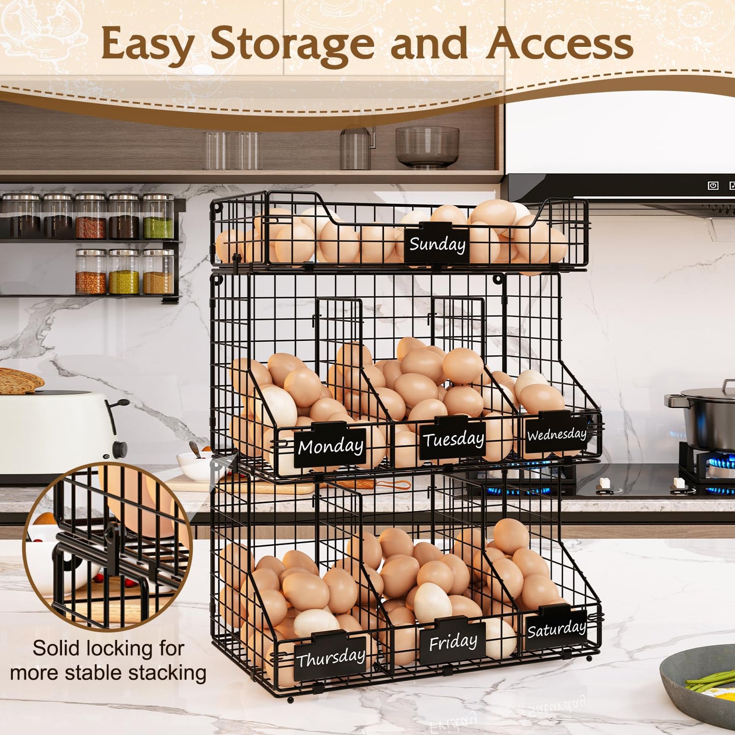 X-cosrack Egg Holder Countertop, 3 Tier Egg Rack with Labels Dividers to Separate Eggs, Stackable Wire Baskets for Fresh Egg, XXL Egg Dispenser for Countertop/Wall-Mounted (Patent Pending)