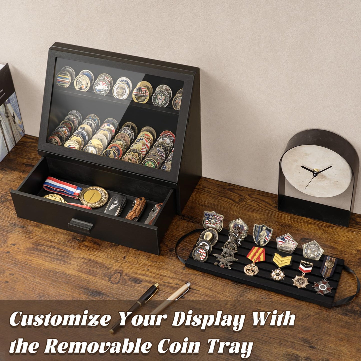 Yoimori Challenge Coin Display Case, 13 Rows Solid Wood Military Coin Holder Display Stand, Holds up to 100 Coins or Medals, Clear Acrylic Cover with Drawer for Collectors (Black)