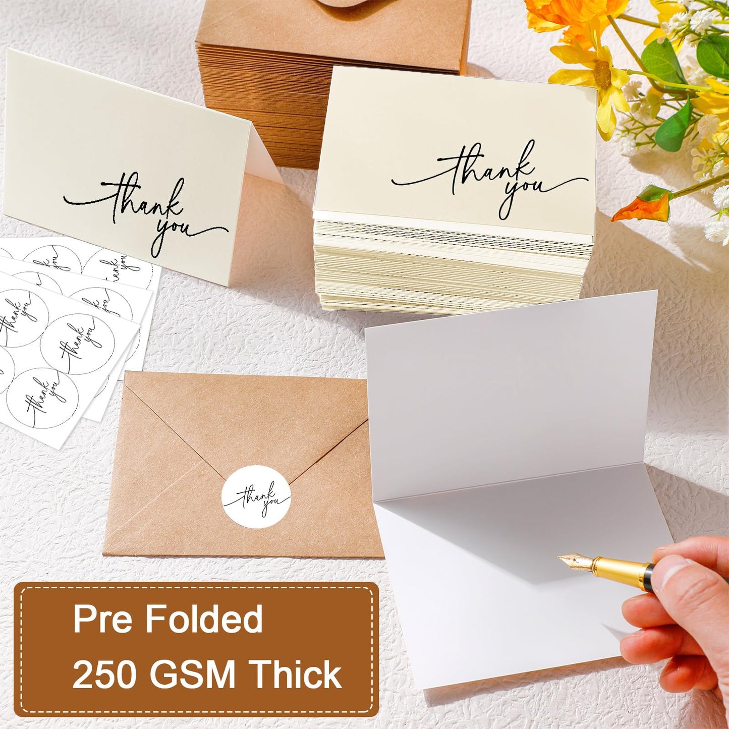 Gueevin 200 Pcs Thank You Cards with Kraft Envelopes and Stickers Bulk, 3.5 x 5 Inch Classy Blank Thank You Notes for Wedding, Business, Graduation, Baby Shower, Bridal Shower, Funeral(Cream)