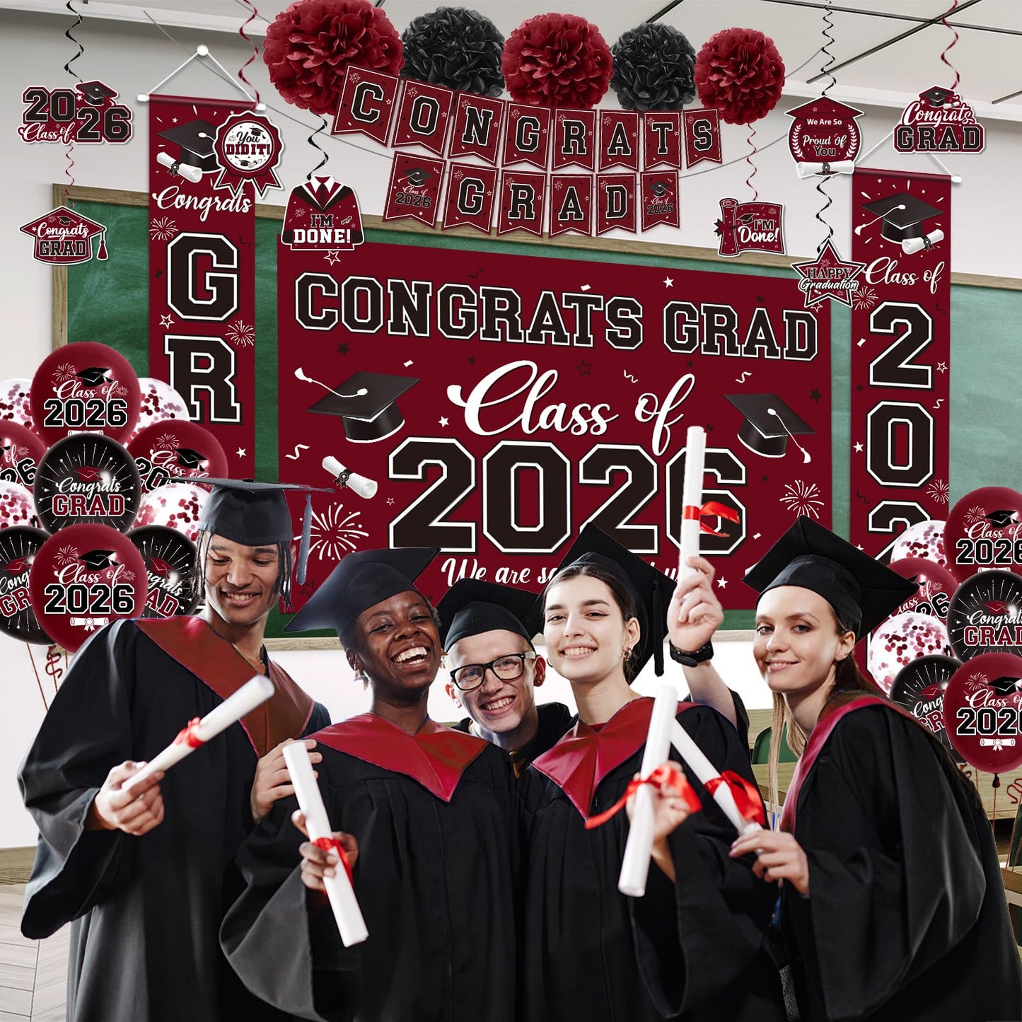Graduation Decorations 2026 Maroon Party Decor Set with Congrats Grad Banner, Class of 2026 Backdrop, Balloons, Box & Streamers Supplies for High School & College Celebrations