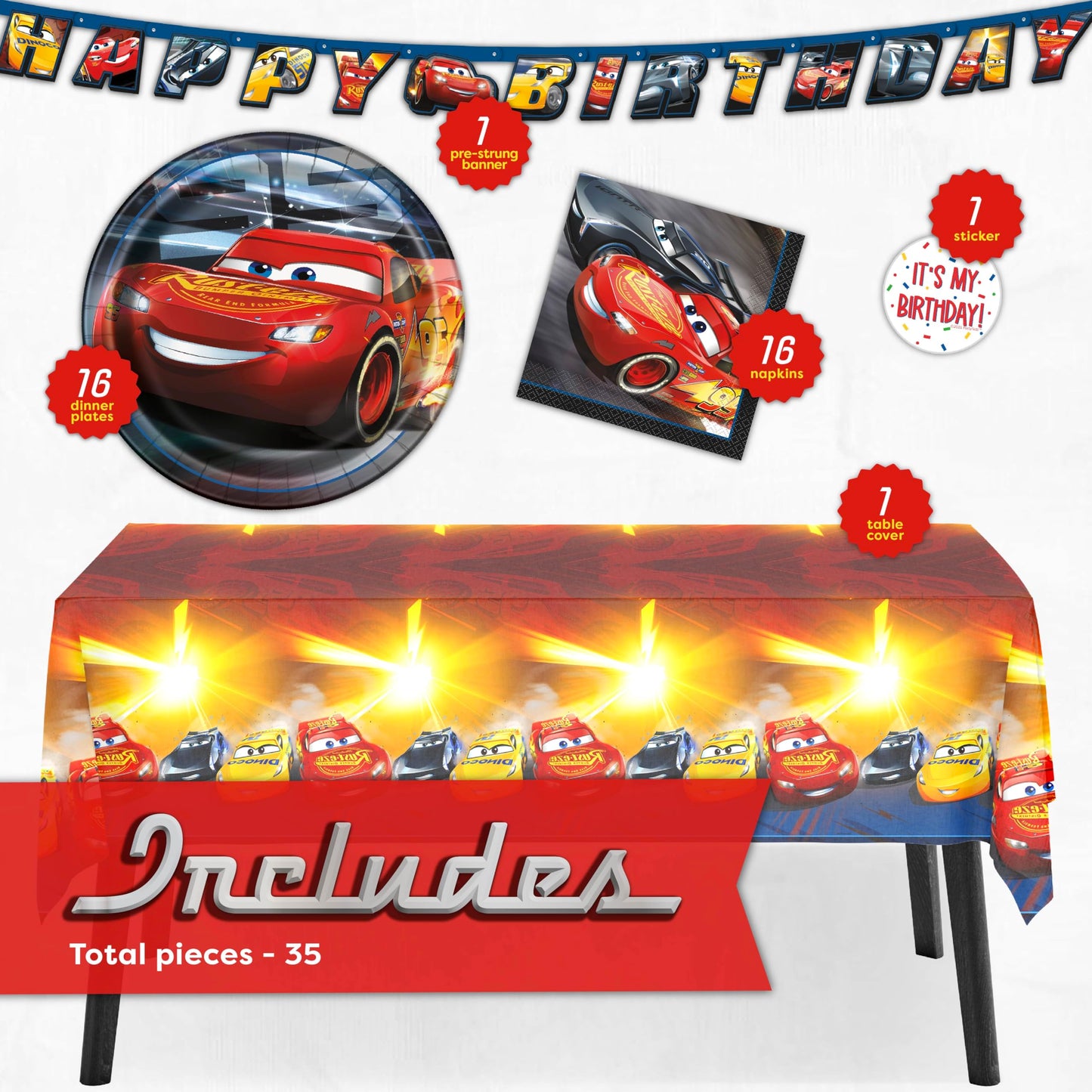 Disney Cars Birthday Decorations | Lightning McQueen Birthday Decorations | Serves 16 | Banner, Tablecloth, Plates, Napkins, Sticker | Officially Licensed