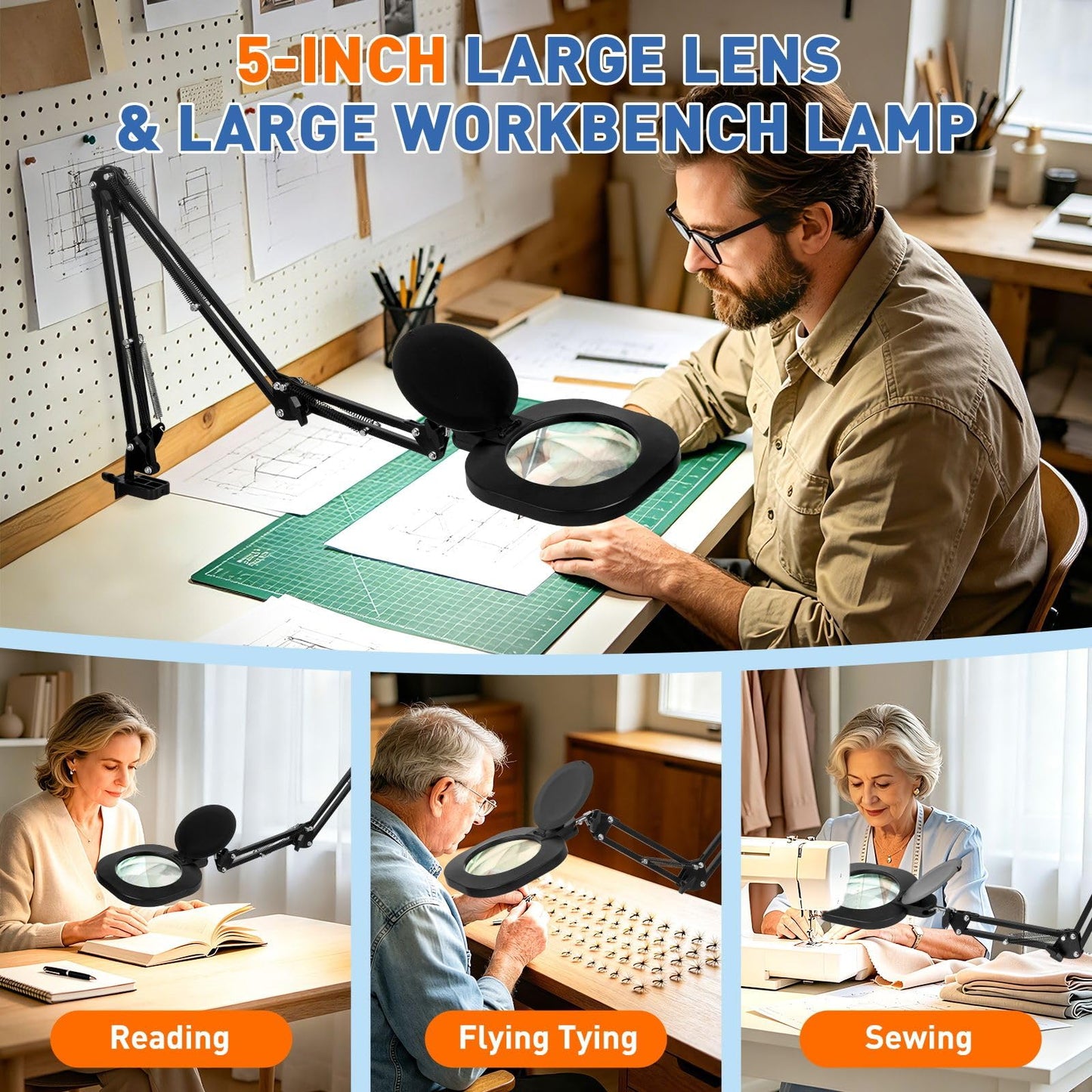12X Large Ultra Long Magnifying Glass with Light and Clamp, 5-Inch Real Glass, 5 Color Modes, Stepless Dimmable, Hands Free LED Lighted Magnifier Stand for Workbench,Craft, Reading, Cross Stitch