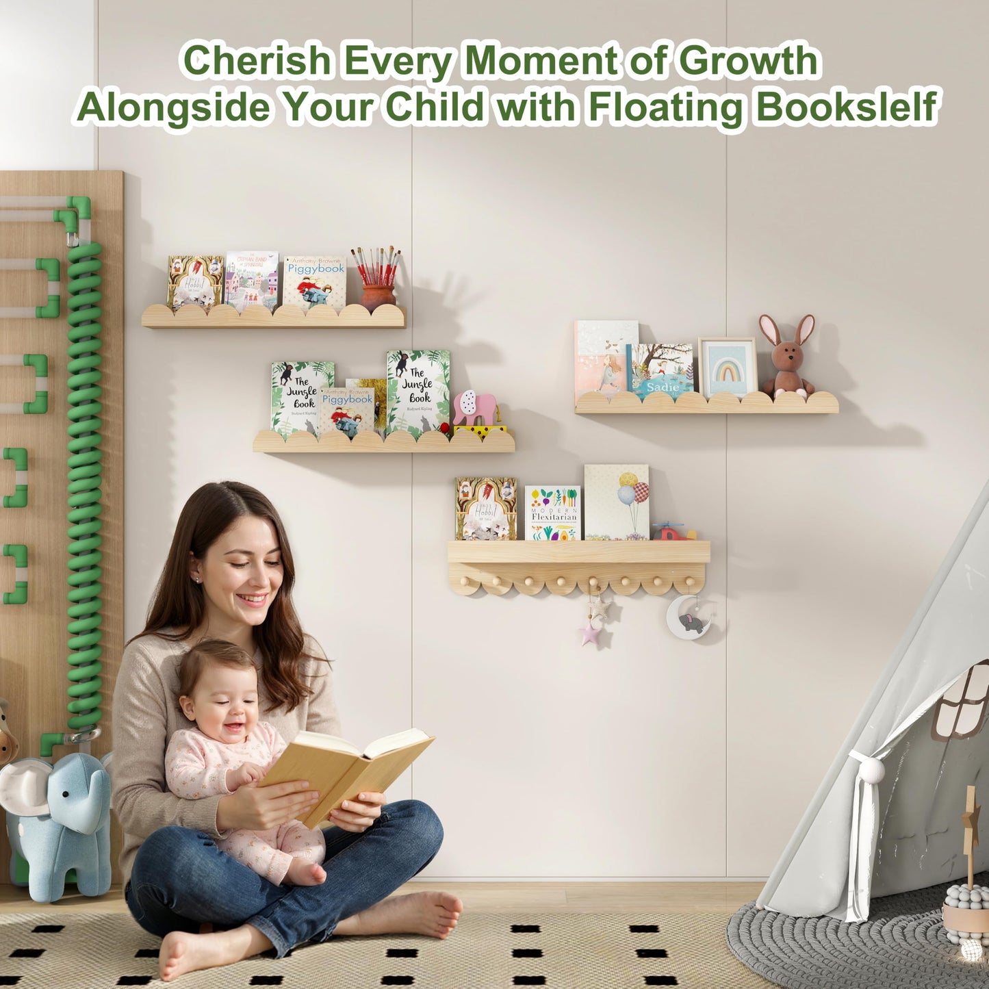 CLLASOU 24 Inch Floating Shelves for Wall, 4-Pack Nursery Book Shelves with Hooks, Scalloped Shelves, Wall Book Shelves for Kids Room, Baby Room, Bedroom, Nursery Decor