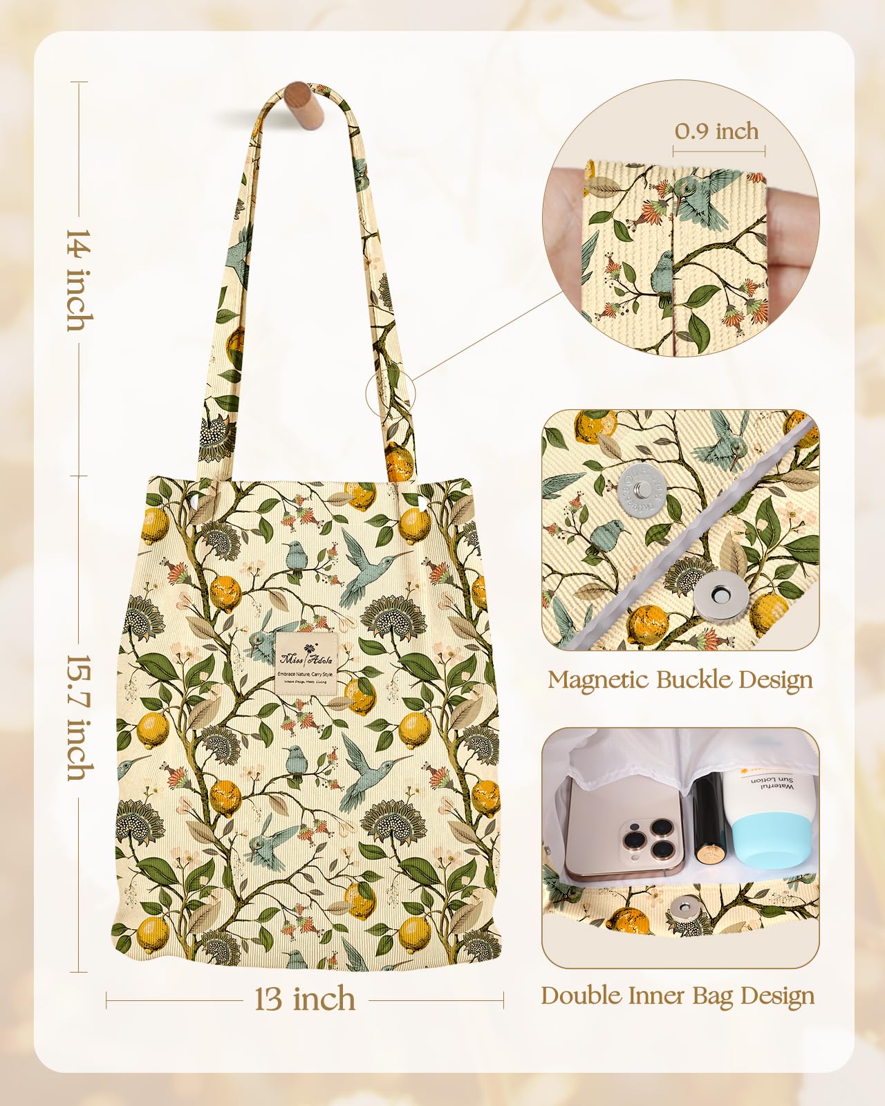 Miss Adola Corduroy Tote Bag for Women - Reusable Totes with Inner Pocket & Buckle Cute Aesthetic Design Cloth Shopping Grocery Shoulder Bag for Work Travel, Lemon Flower Bird